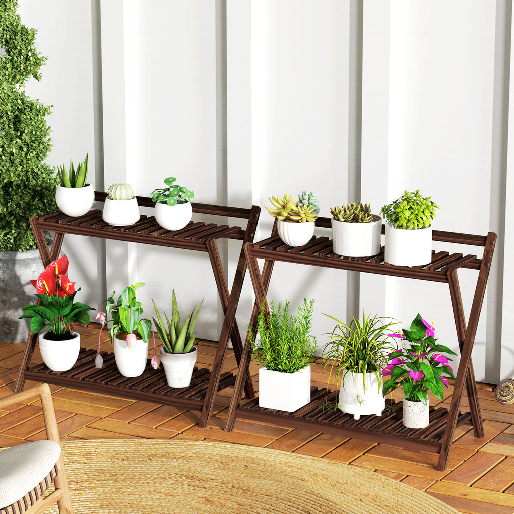 Lot de 2 support plantes intérieur 2 niveaux étagères à plants avec support arrière 73 x 36 x 64 cm marron-8