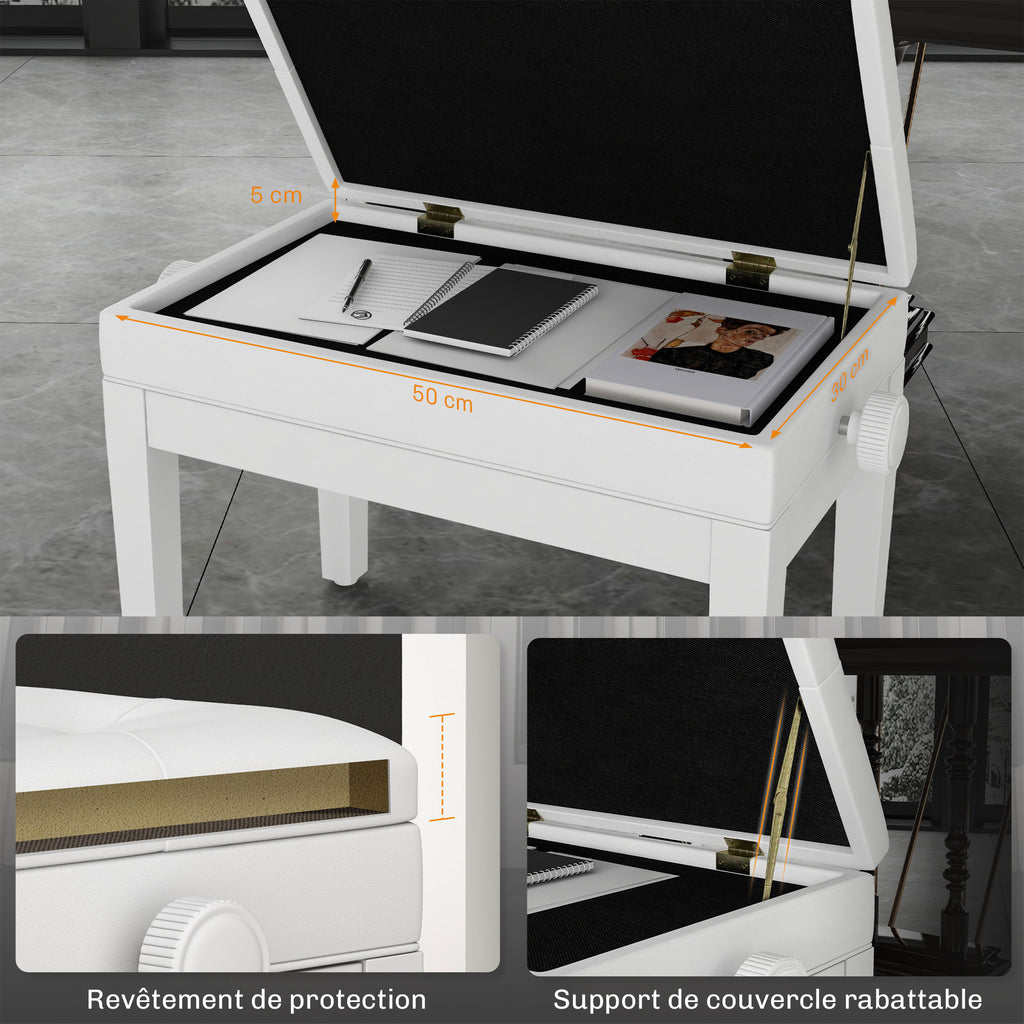 Banc de piano, banc de clavier réglable en hauteur en bois massif, compartiment de rangement, 55 x 33 x 48-58 cm blanc-5