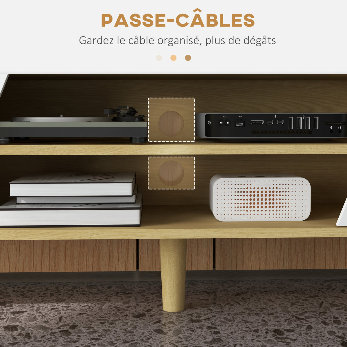 Meuble TV pour télévision jusqu'à 65 pouces design scandinave 2 portes 2 niches avec passe-câbles 150 x 30 x 42 cm-5