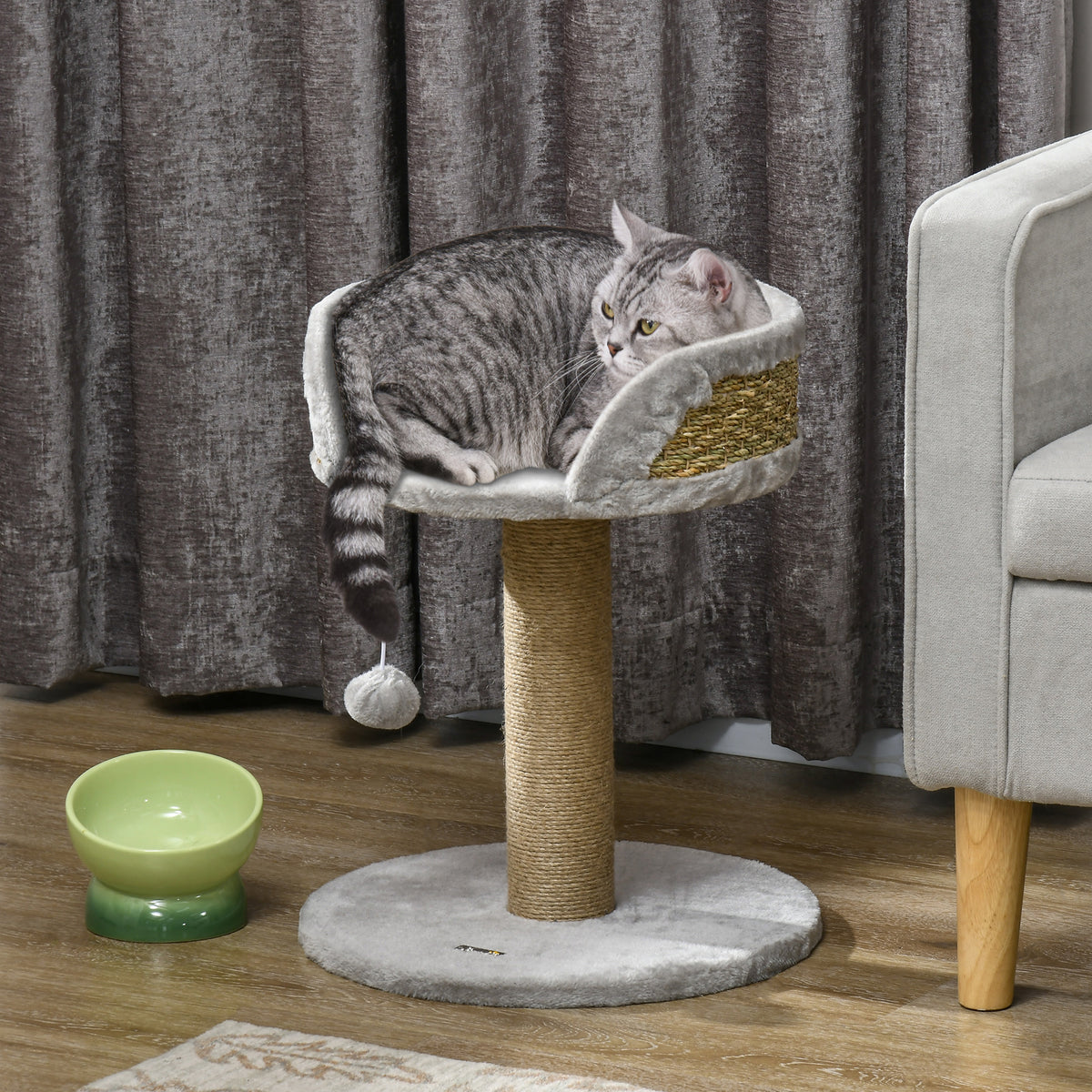 Arbre à chat arbre à grimper grattoir design jeu pompon suspendu + plateforme peluche 40 x 40 x 49 cm jute gris-9