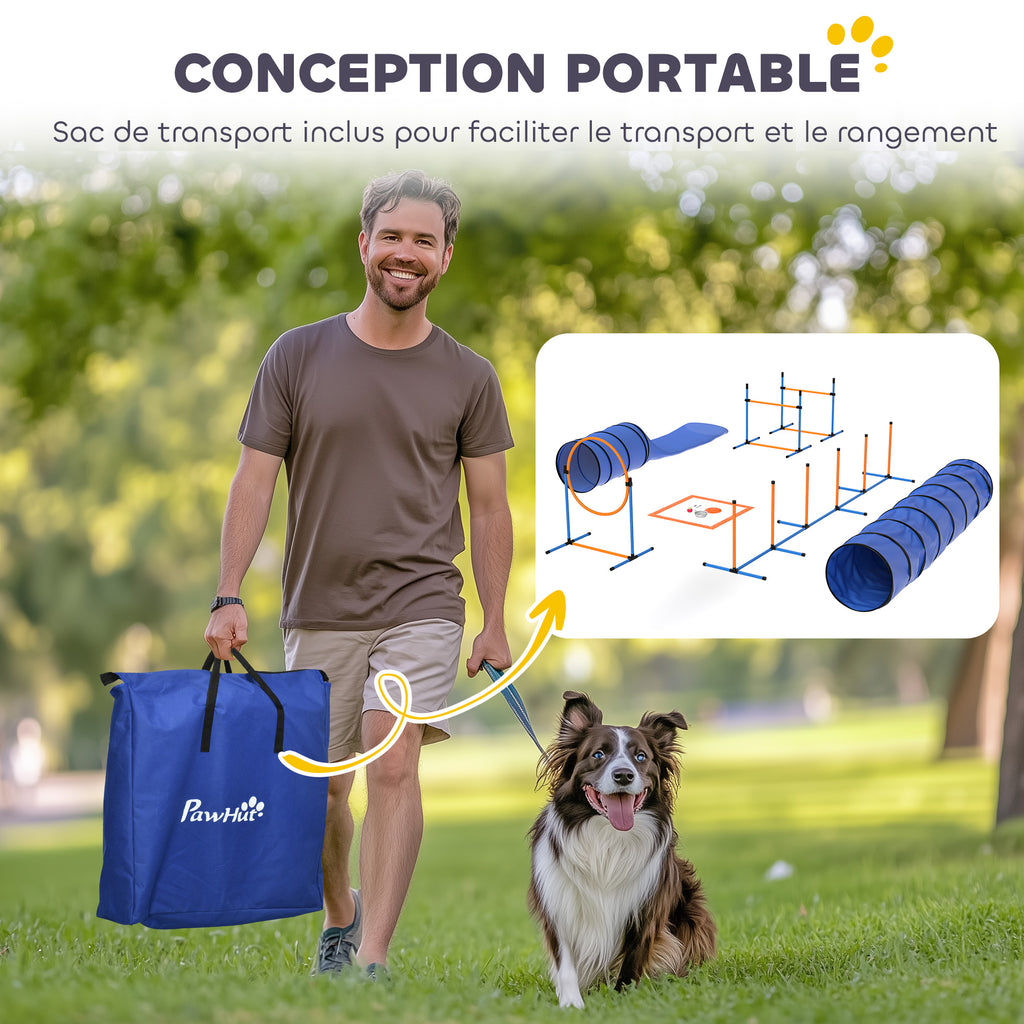 Ensemble d'Agilité pour Chien 11 Pièces, Parcours d'Obstacle avec 2 Tunnels, Sauts Ajustables, Orange et Bleu-7