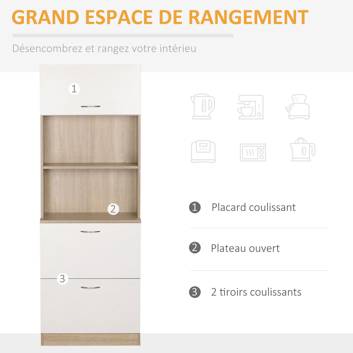 Buffet de cuisine armoire de cuisine multi-rangements 2 tiroirs 1 placard + grand plateau 60 x 38 x 168 cm MDF blanc-3