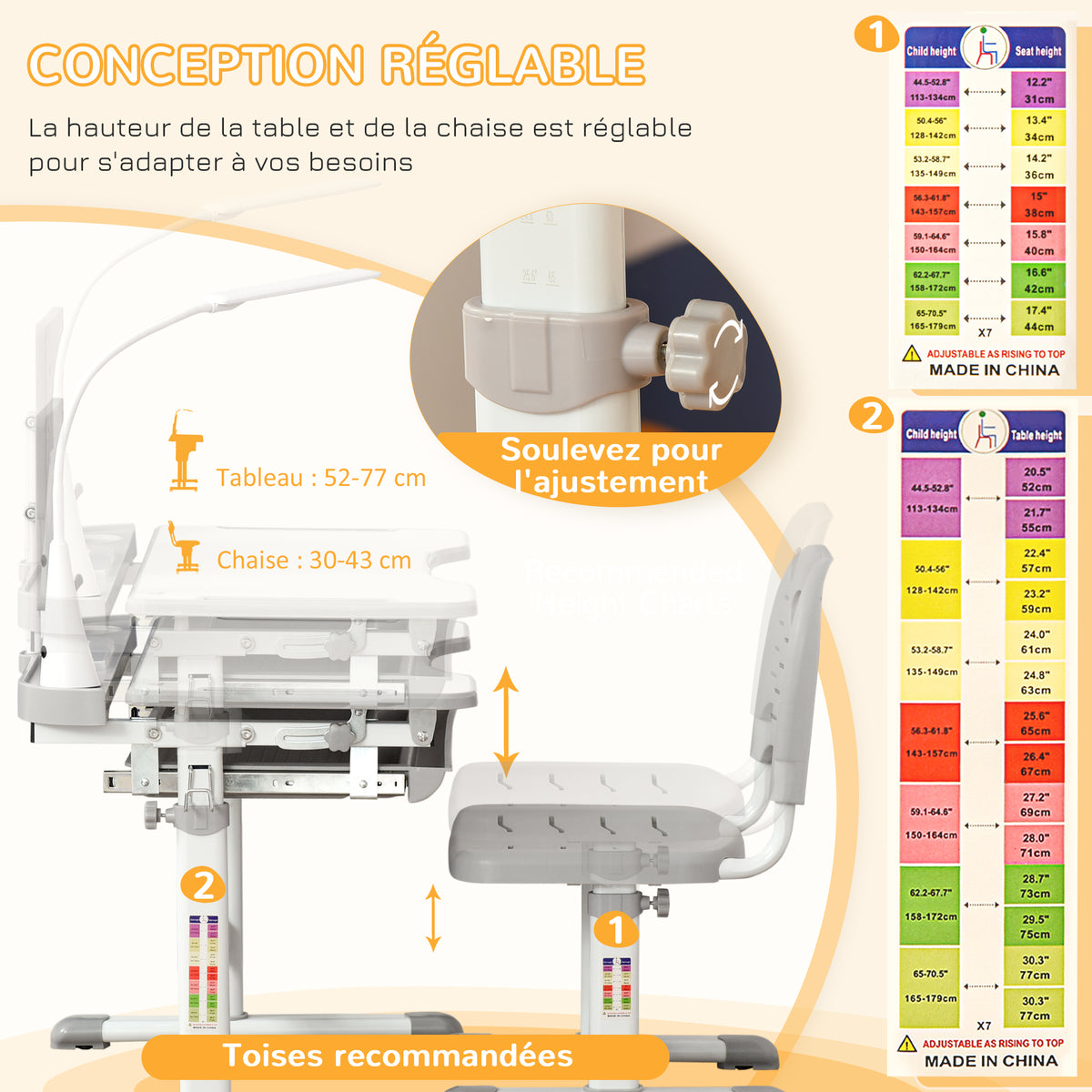 Ensemble chaise et bureau pour enfants avec lampe LED hauteur réglable plateau incliné support de lecture gris-5