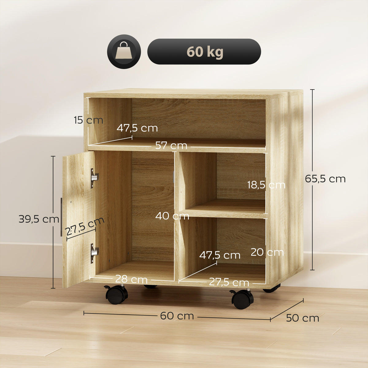 Support d'imprimante organiseur bureau caisson placard porte 3 niches + grand plateau panneaux particules bois naturel-2