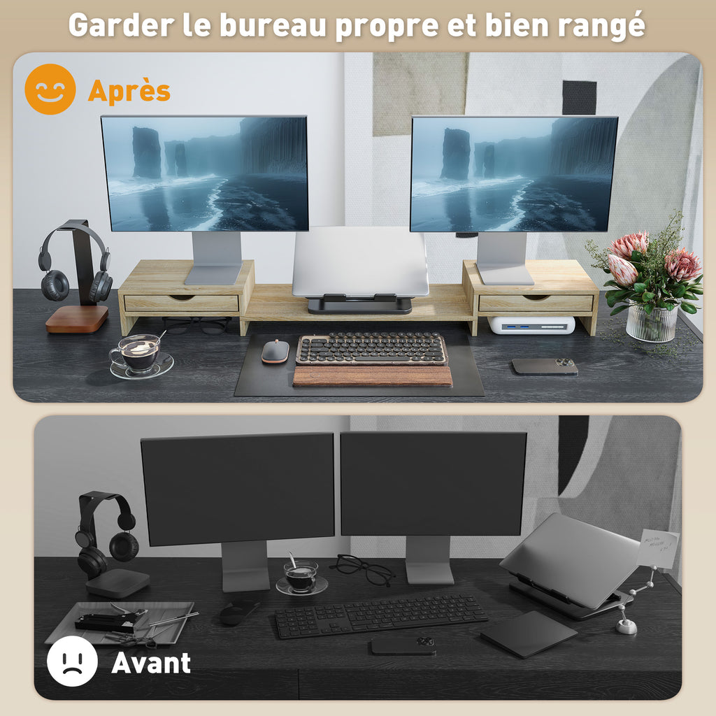 Rehausseur écran PC bureau support d'écran d'ordinateur de 60-116 cm avec 2 tiroirs, longueur et angle réglables-4
