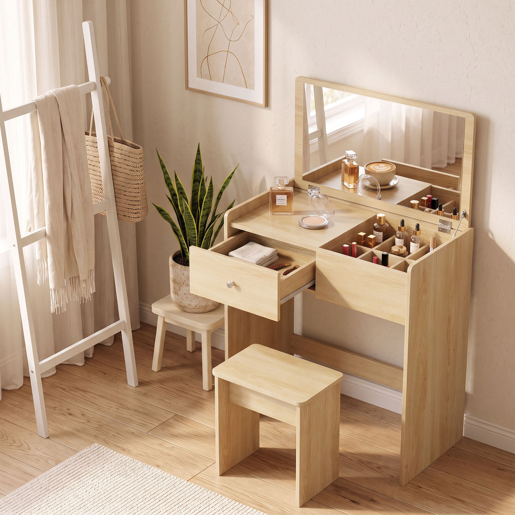 Coiffeuse Bureau 2 en 1 avec Miroir Rabattable et Tabouret, Table de Maquillage avec Tiroir et 6 Compartiments, Chêne-8