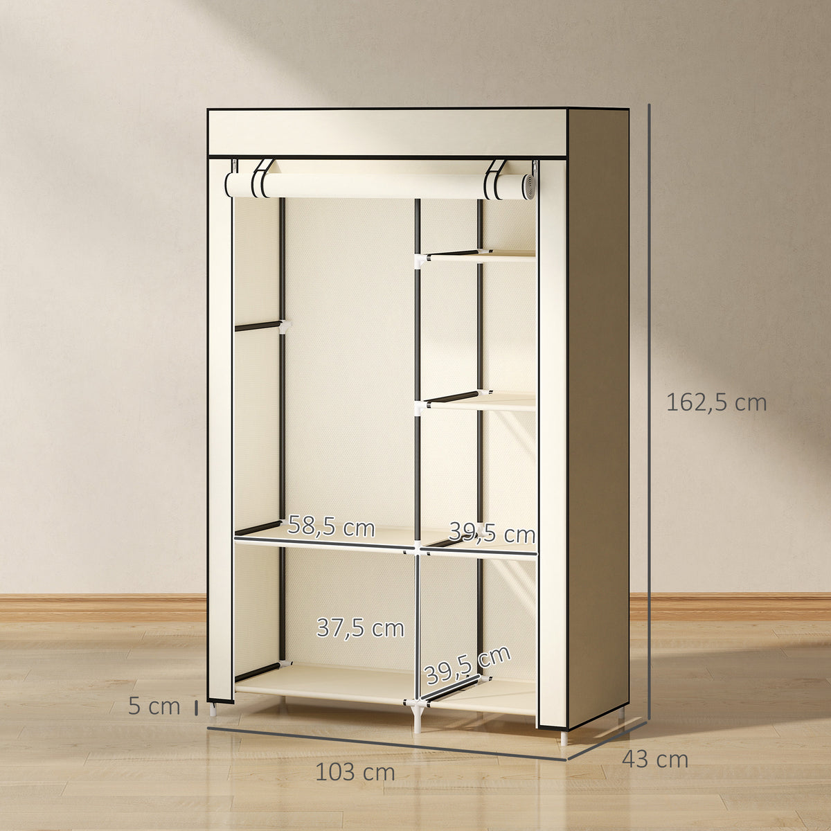 Armoire penderie en tissu meuble de rangement tringle à vêtements et étagères ouvertes 103x43x162,5cm crème-2