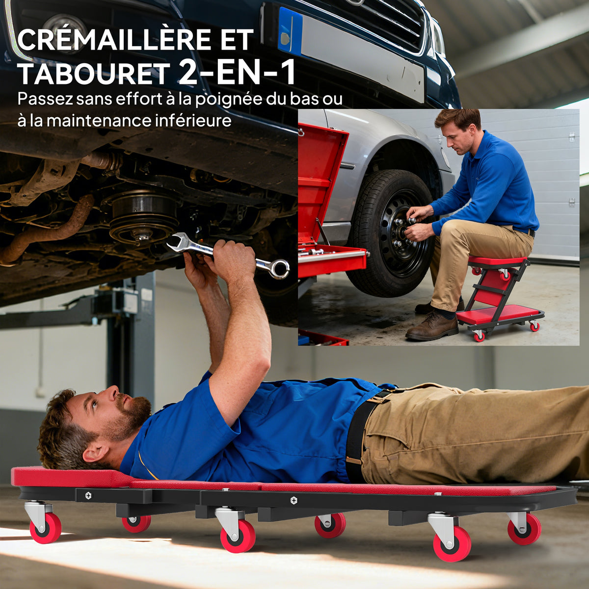 Planche à roulettes de montage 2 en 1 chariot de visite mécanicien pliable en Z charge 150kg 101,5 x 40 x 13,5 cm rogue-3
