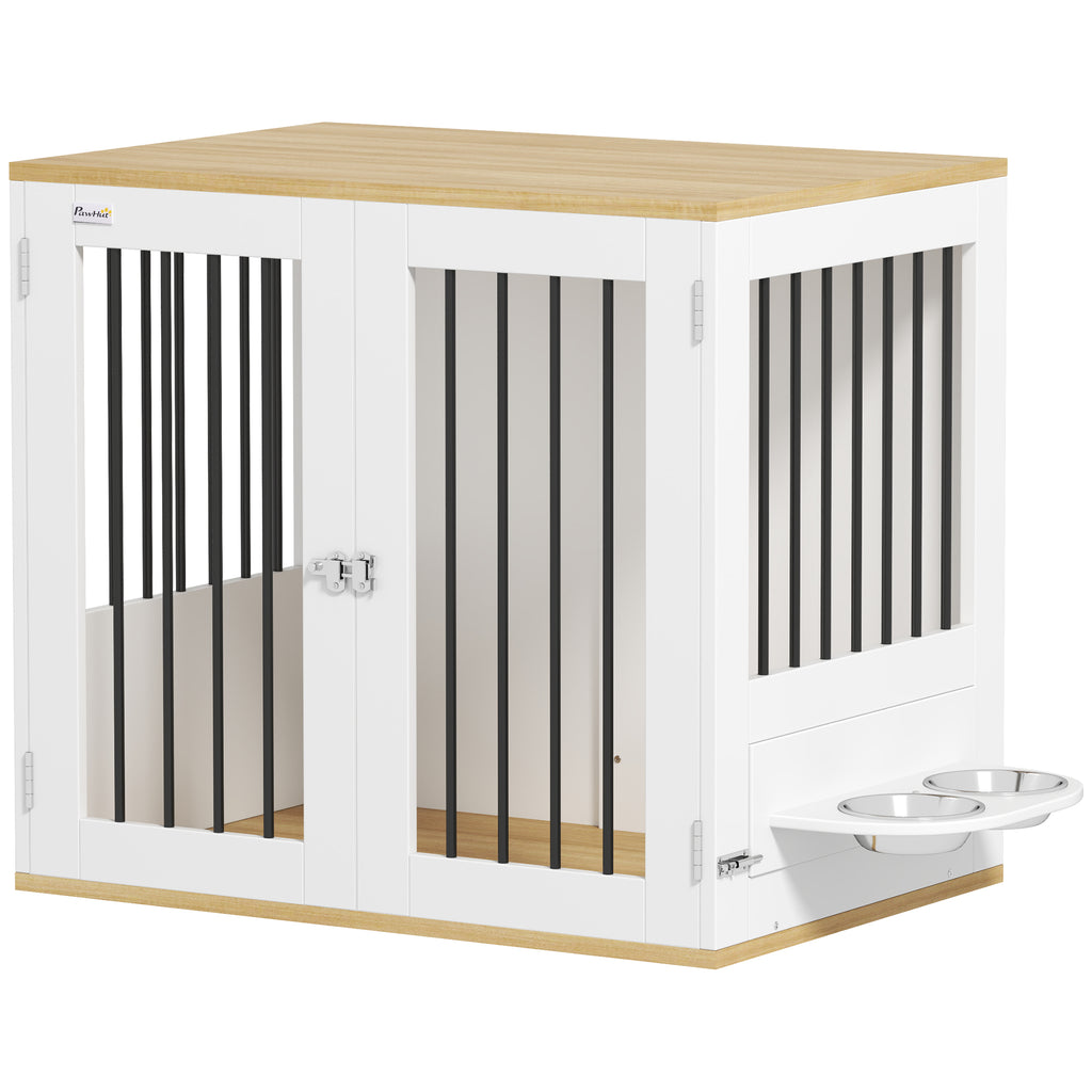 Cage pour chiens, table d'appoint, gamelles amovibles rotatives à 360° 2 portes pour chien moyenne 80x55x71,5cm blanc-0