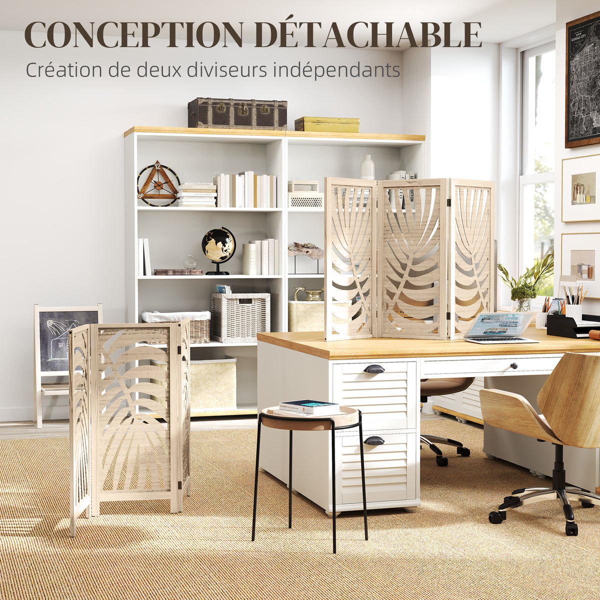 Paravent interieur en bois 3 panneaux 120 x 170 cm, pliable et portable, motif de feuille, design amovible, bois naturel-3