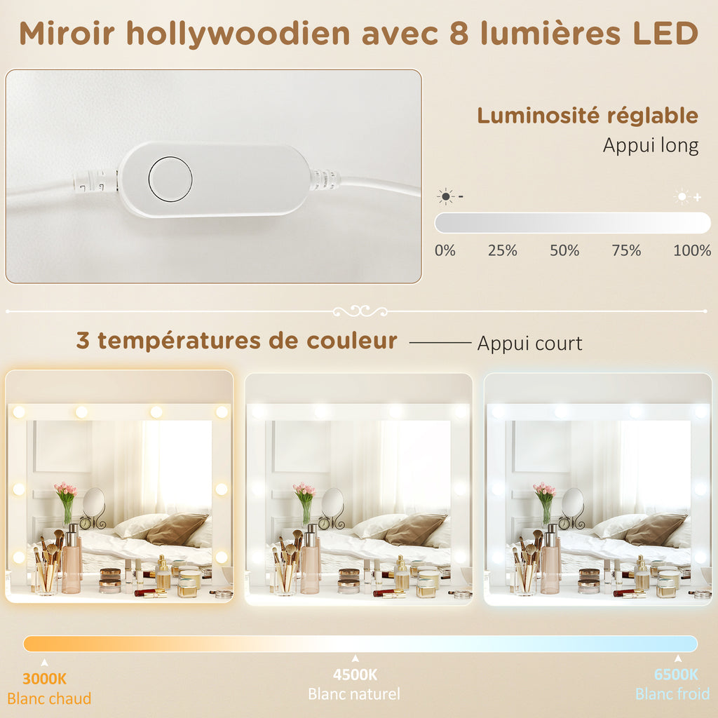 Coiffeuse avec miroir et tabouret table de maquillage avec miroir LED tabouret rembourré 7 tiroirs 110x39,5x140cm blanc-3