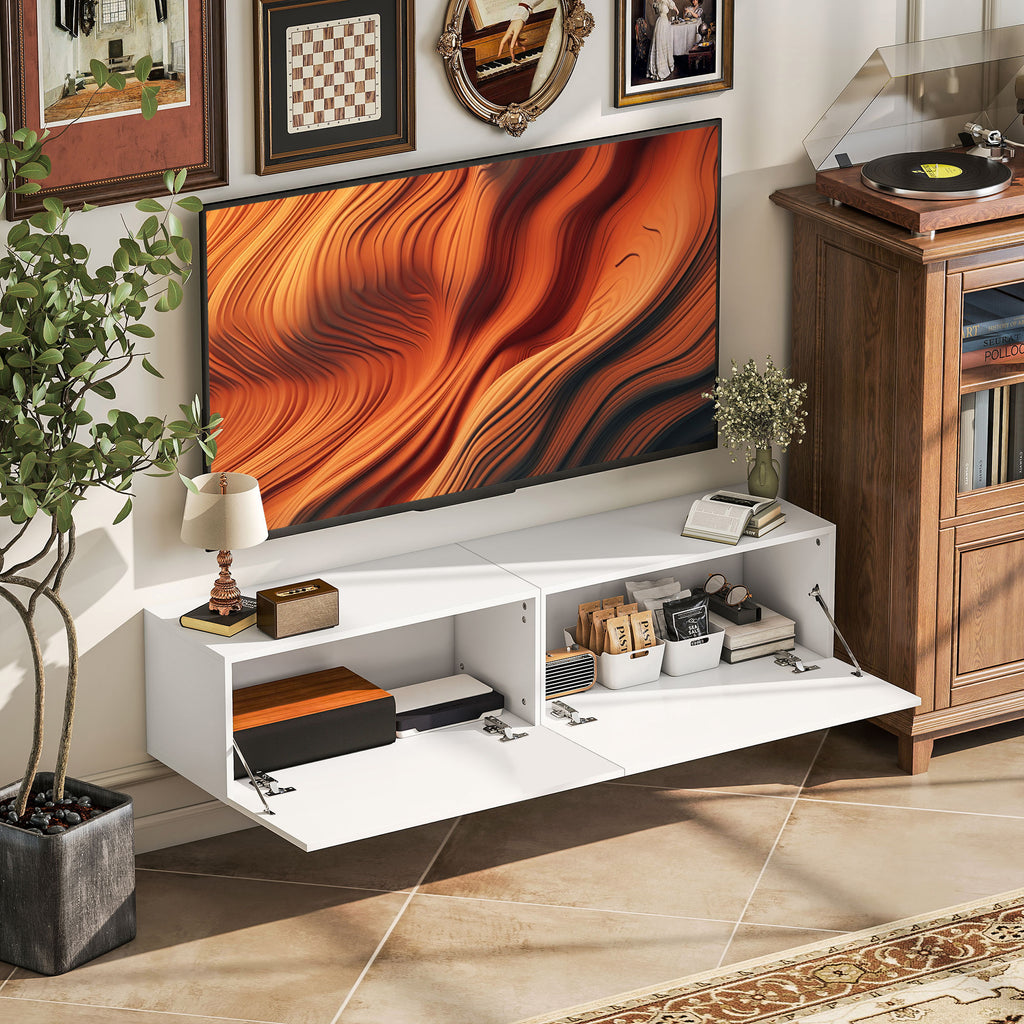 Meuble TV suspendu pour téléviseur jusqu'à 45 55 65 pouces avec 2 placards à portes, 140 x 33 x 29,8 cm, blanc-5