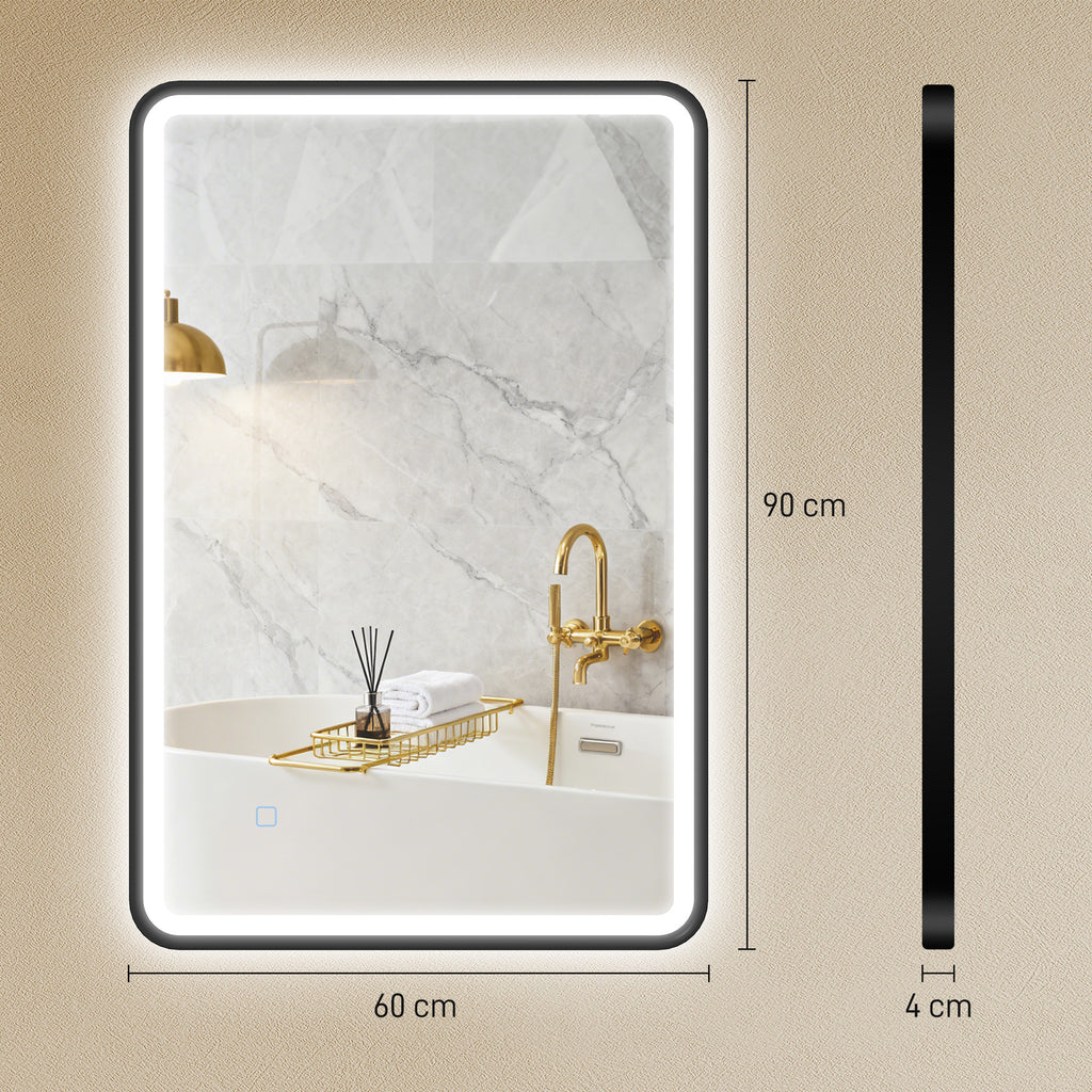 Miroir salle de bain avec éclairage 90 x 60 cm, miroir LED mural, anti-buée, 3 couleurs lumière, dimmable, noir-2