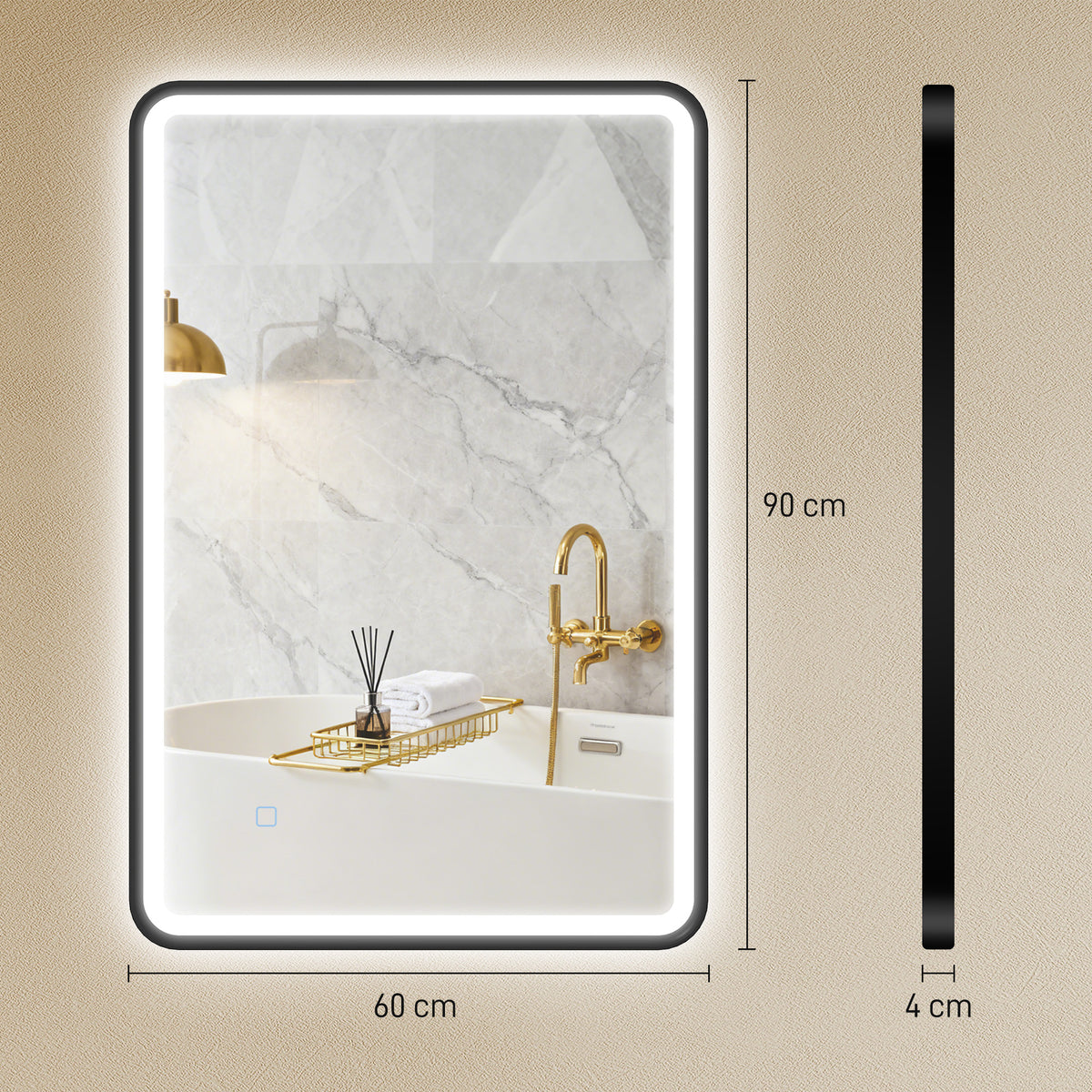 Miroir salle de bain avec éclairage 90 x 60 cm, miroir LED mural, anti-buée, 3 couleurs lumière, dimmable, noir-2