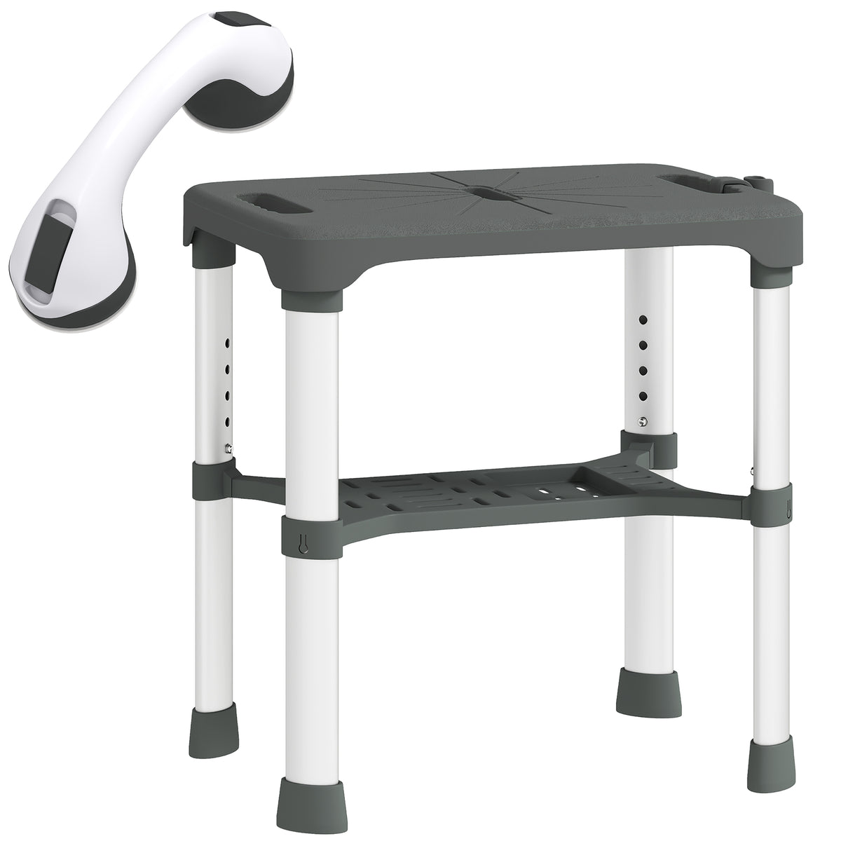 Tabouret de Douche Hauteur Ajustable avec Étagère Intégrée et Barre d'Appui à Ventouse pour Seniors et Handicapés, Gris-0