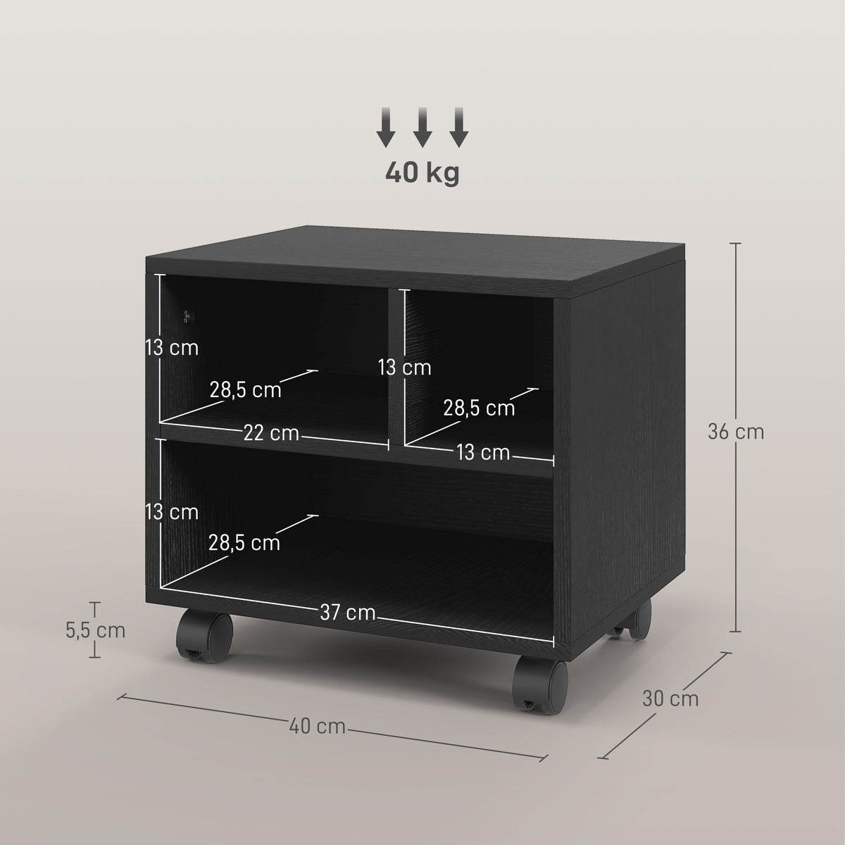 Support d'imprimante meuble de rangement bureau caisson 3 compartiments ouverts 40 x 30 x 36 cm noir-2