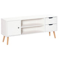 Meuble TV Banc TV Style scandinave Placard 2 niches 2 tiroirs Passe-Fils Panneaux Particules Blanc Bois pin-0