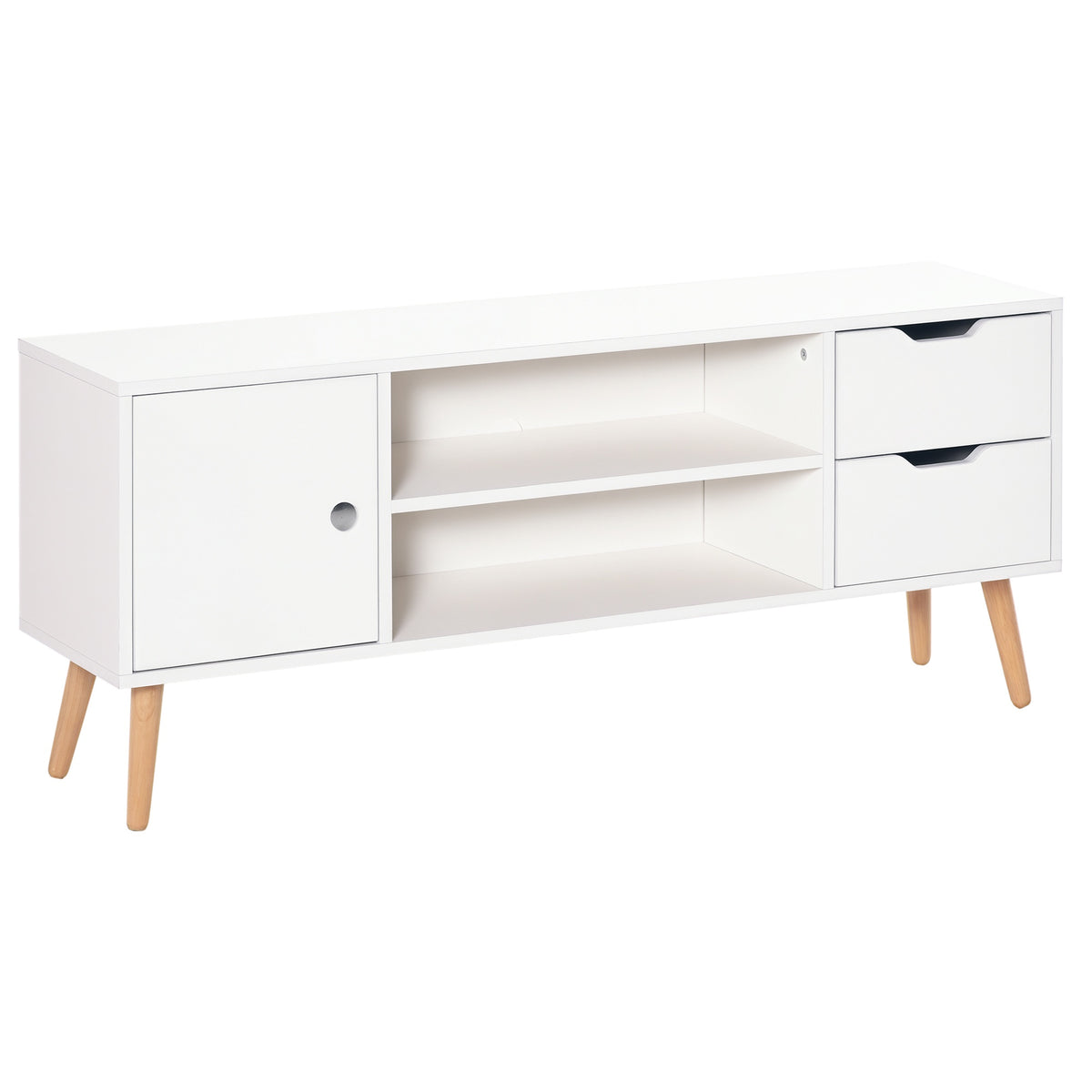Meuble TV Banc TV Style scandinave Placard 2 niches 2 tiroirs Passe-Fils Panneaux Particules Blanc Bois pin-0