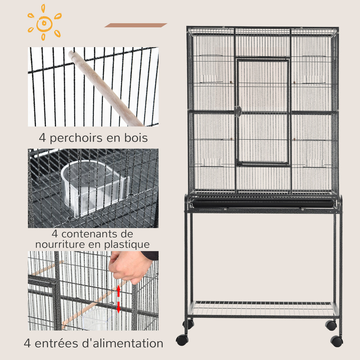 Cage à Oiseaux Portable avec 4 Mangeoires et 4 Perchoirs Pratique 81 x 48 x 162,5 cm Noir et Gris-3