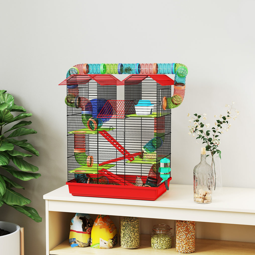 Cage pour hamster souris petit animaux rongeur avec tunnel mangeoire roue jouet 47 x 30 x 59 cm rouge-1