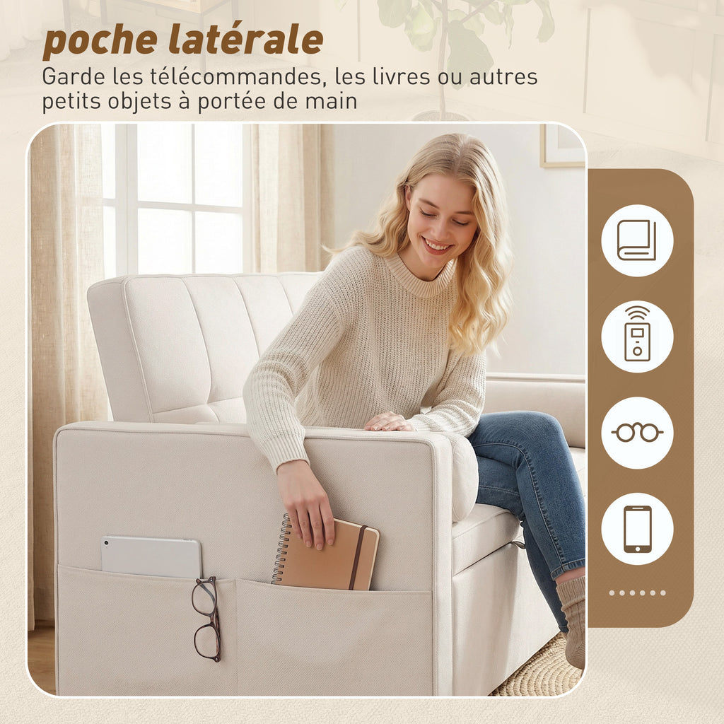 Canapé convertible 2 places 3 en 1 canapé-lit avec lit gigogne double dossier réglable 2 coussins 80,5x137,5x84cm beige-6