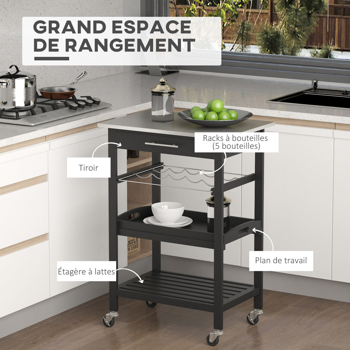 Chariot de Service desserte de Cuisine Table roulantes avec étagère rangement bouteille 60L x 40l x 85H cm Plateau en Acier INOX. Noir-3