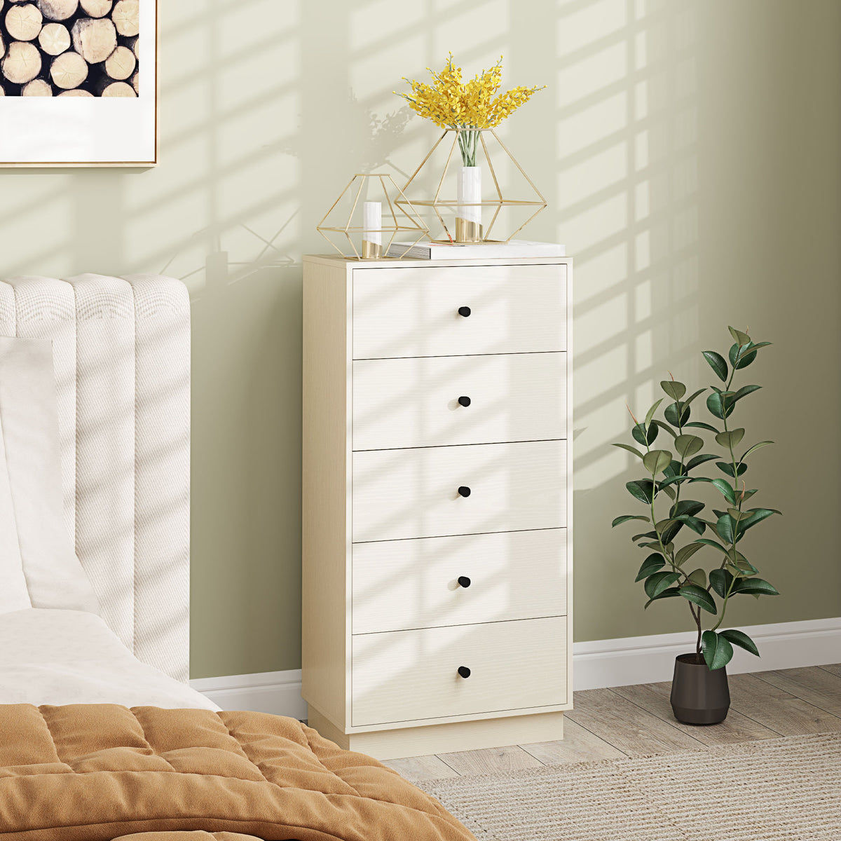 Commode 5 tiroirs, meuble de rangement haut et étroit, style moderne pour chambre à coucher, salon - 47x29x95cm, crème-1