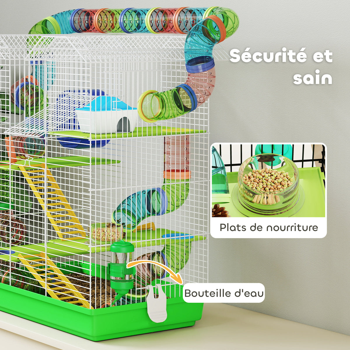 Cage pour hamster souris petit animaux rongeur avec tunnel mangeoire roue jouet 47 x 30 x 59 cm vert-4