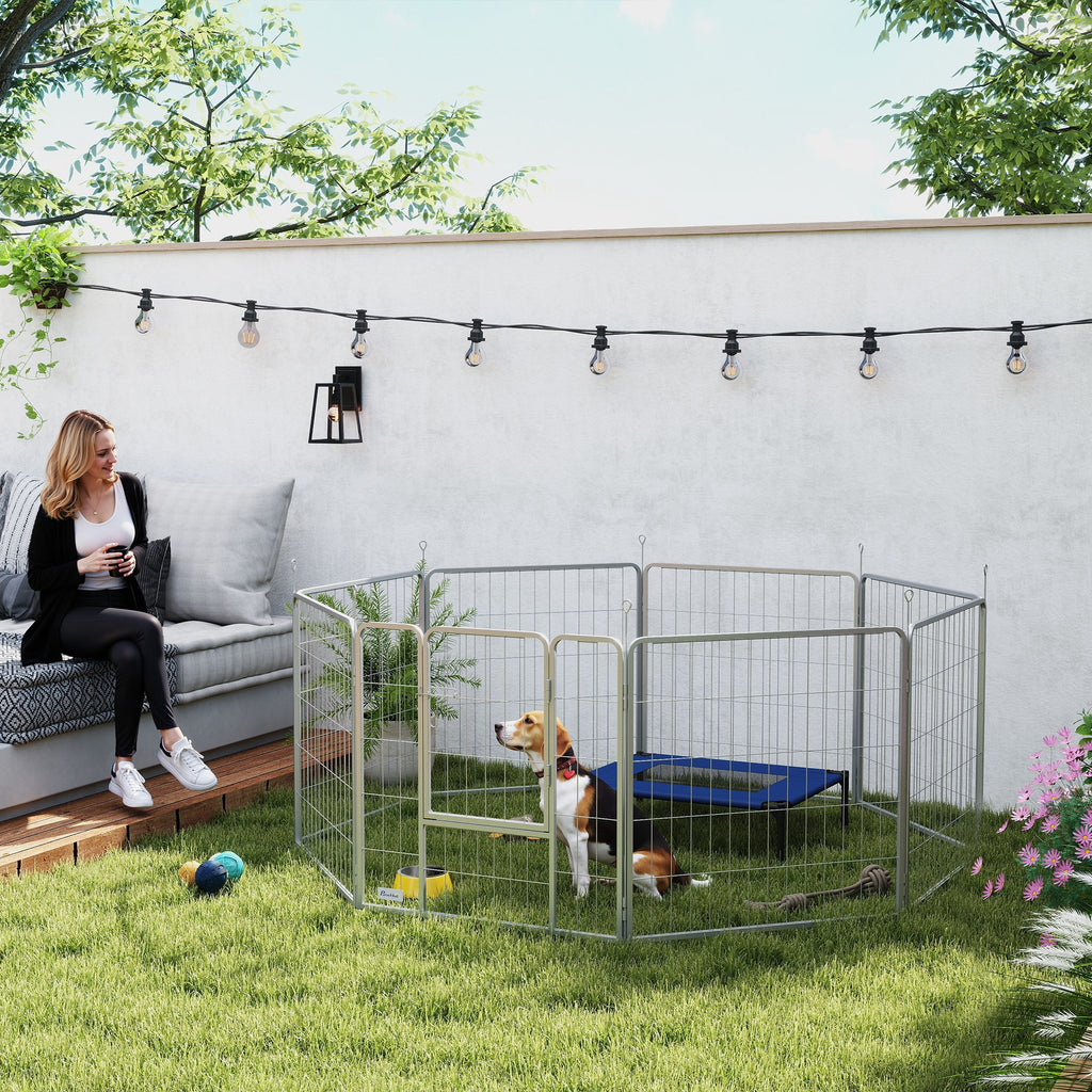 Parc pour chien enclos chien 8 panneaux modulable pliable acier avec porte pour chiot intérieur extérieur 80H cm argent-1