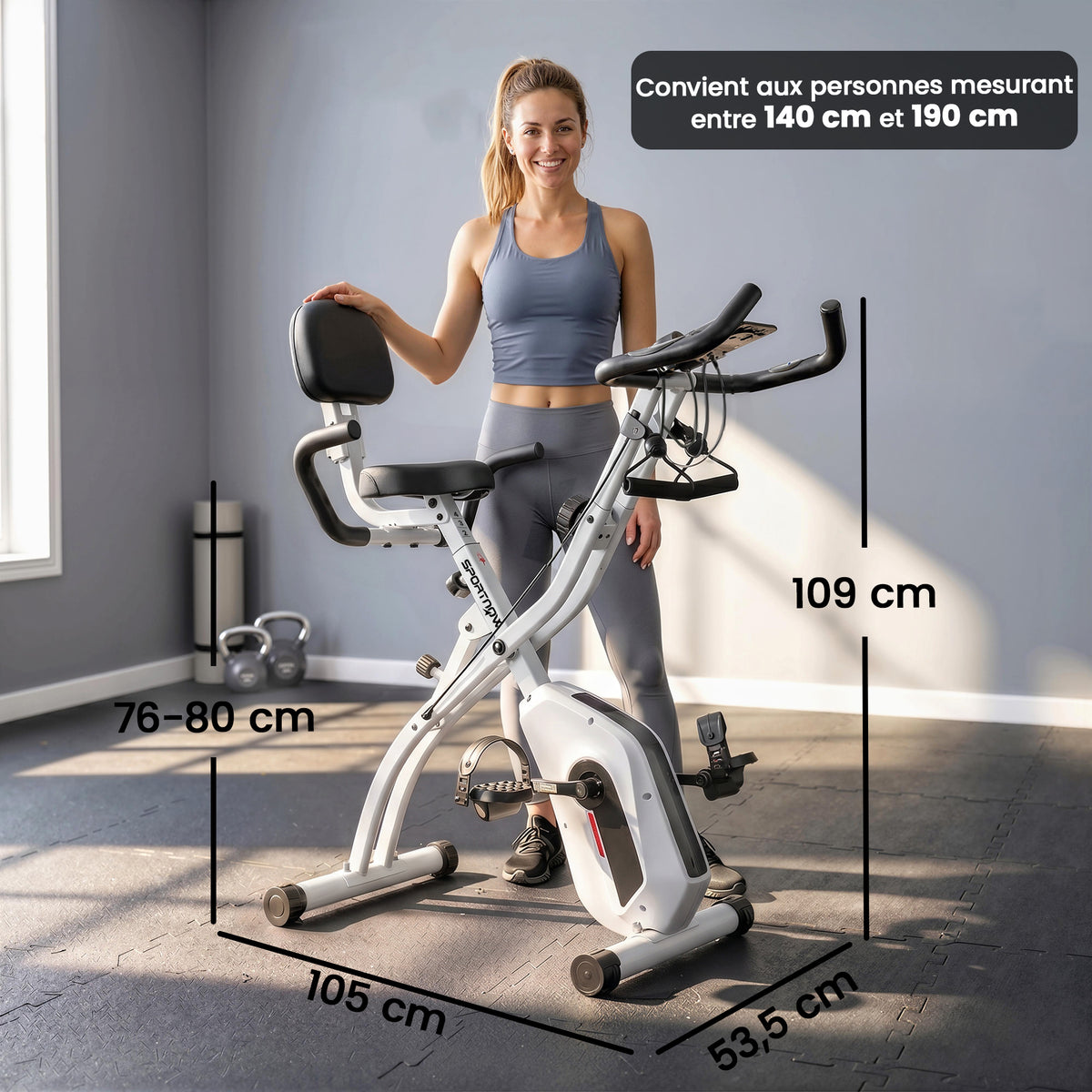 Vélo d'Appartement Pliable Vélo de Fitness 3 en 1 Silencieux Connecté Kinomap Bluetooth et Zwift 105x53,5x109cm Blanc-2