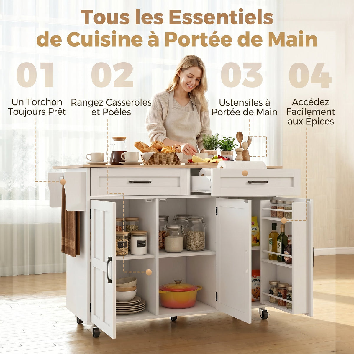 Îlot de cuisine avec plateau rabattable, chariot à roulettes 2 tiroirs, 3 portes, porte-racks et porte-serviettes, blanc-4