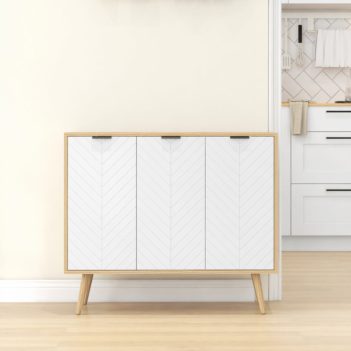Buffet bas meuble de rangement 2 placards 3 portes motif chevrons étagères réglables 91,5 x 35 x 77,4 cm bois naturel-1