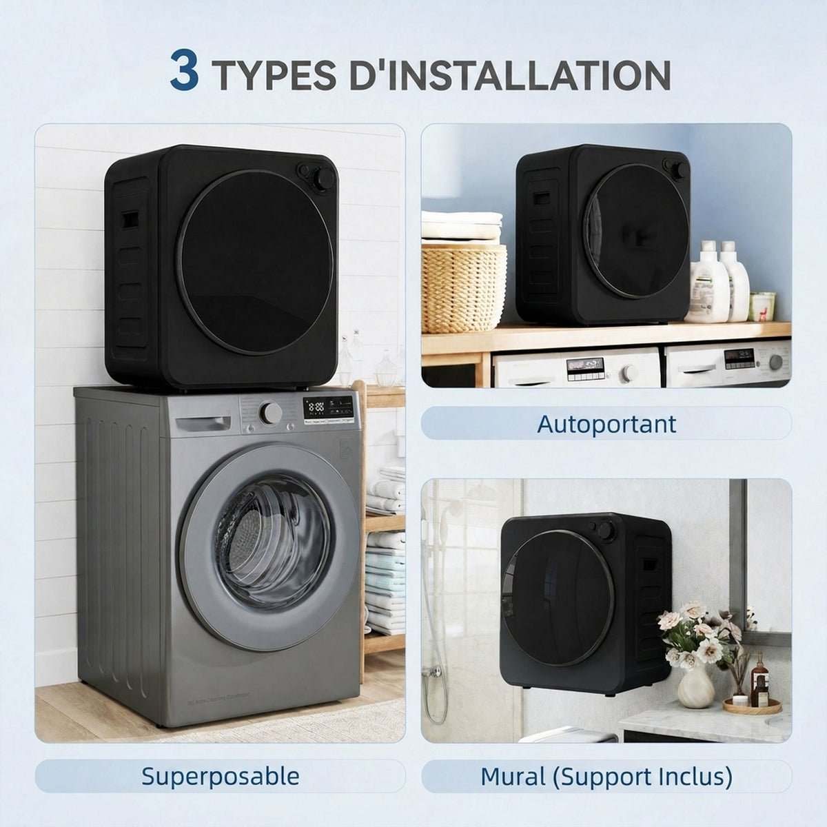 Sèche Linge à Évacuation Compact 2,5Kg, Sèche-Linge Électrique 400/800 W, 5 Modes de Séchage, Charge Frontale, Noir-4
