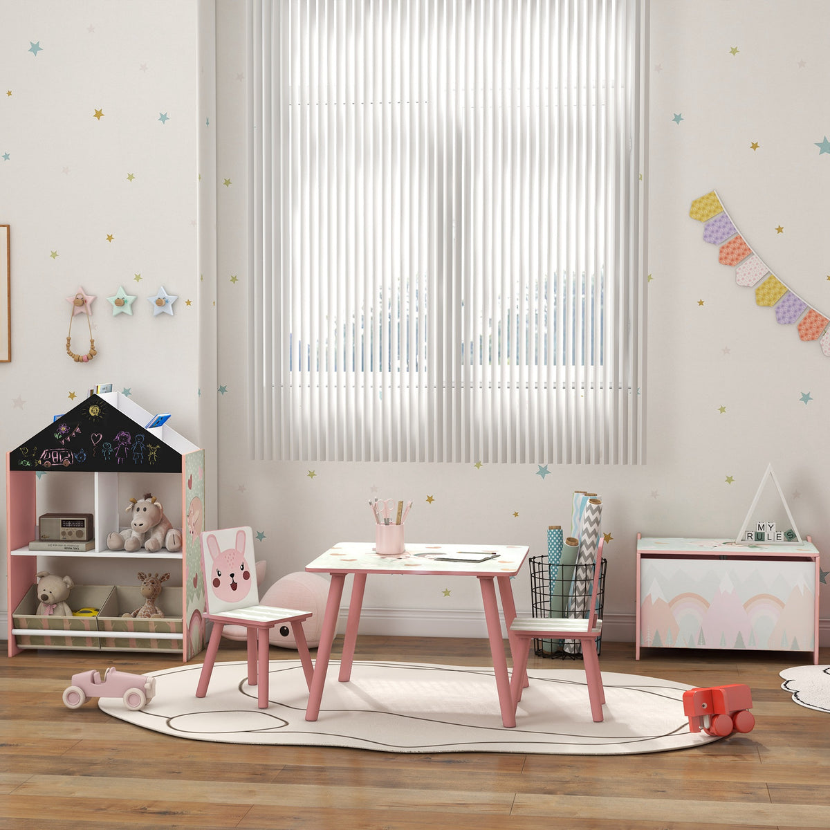 Ensemble table et chaises pour enfants, table pour enfant avec 2 chaises, motif animaux pour chambre à coucher rose-7