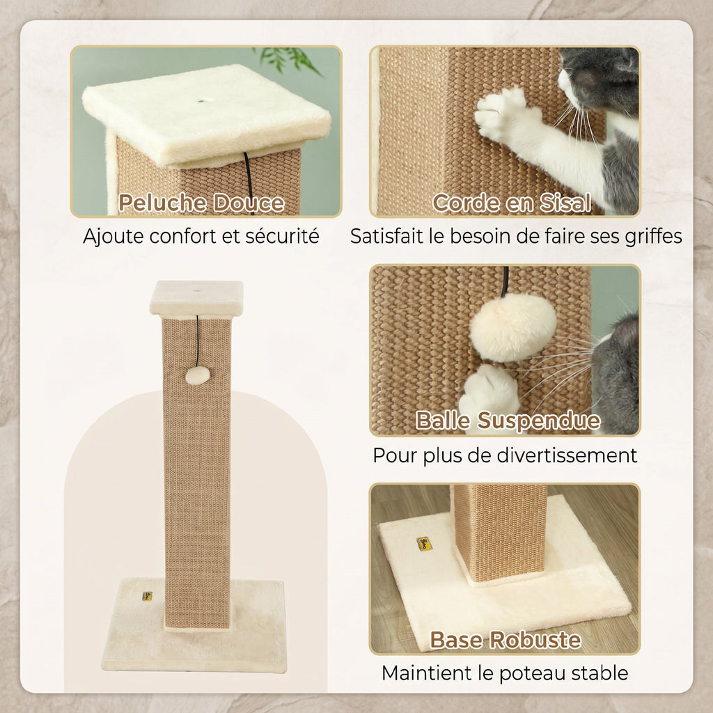 Griffoir pour chat poteau griffoir chat en sisal et peluche, boule suspendue base stable 41 x 41 x 81 cm beige-4