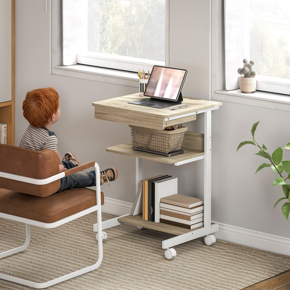 Bureau d'ordinateur sur roues, bureau avec rangement 56 x 51 cm avec tiroir, compartiment et support CPU, chêne-6