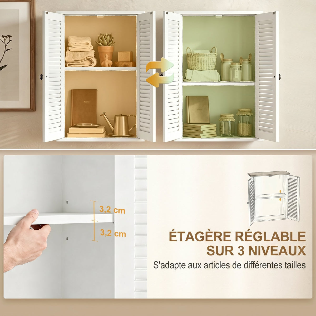 Armoire murale de salle de bain, meuble de rangement suspendu avec 2 portes persiennes et étagère réglable, blanc-4