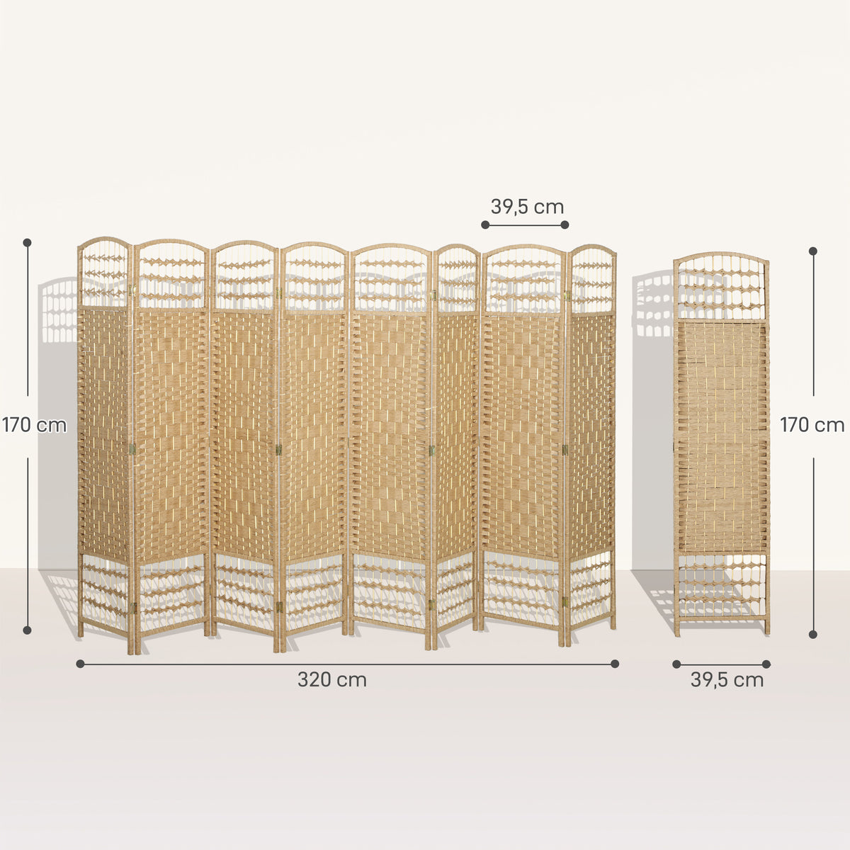 Paravent intérieur en bois séparateur de pièce cloison pliable 8 panneaux 320 x 170 cm bois naturel-2
