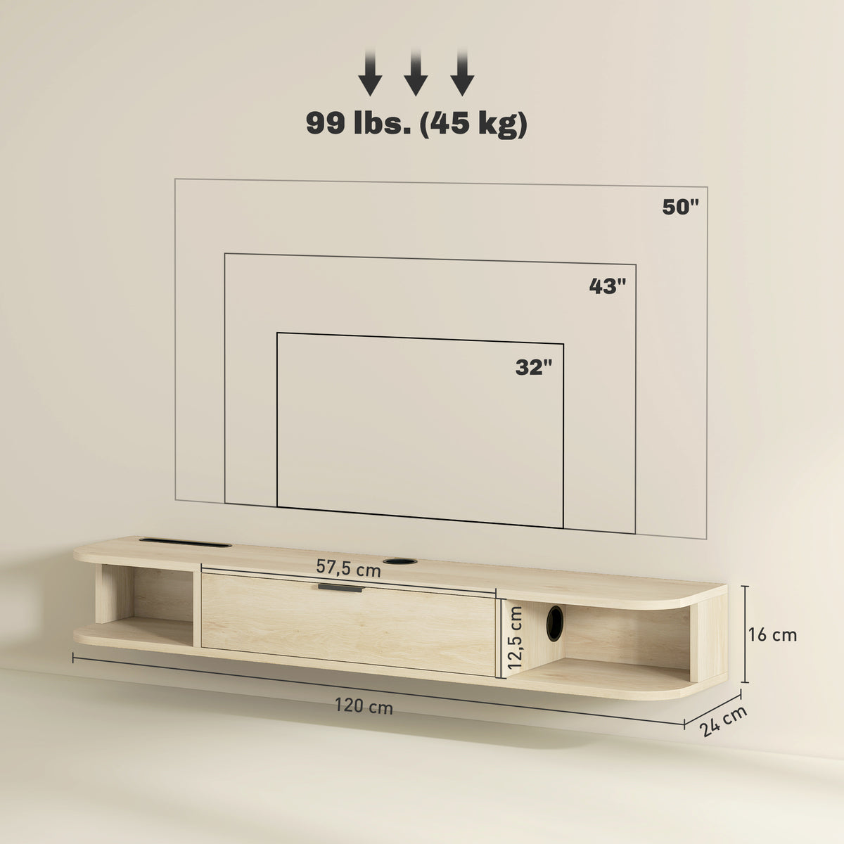 Meuble TV suspendu, meuble télé pour téléviseur jusqu'à 50 pouces, tiroir rabattable 2 étagères 120x24x16cm bois naturel-2