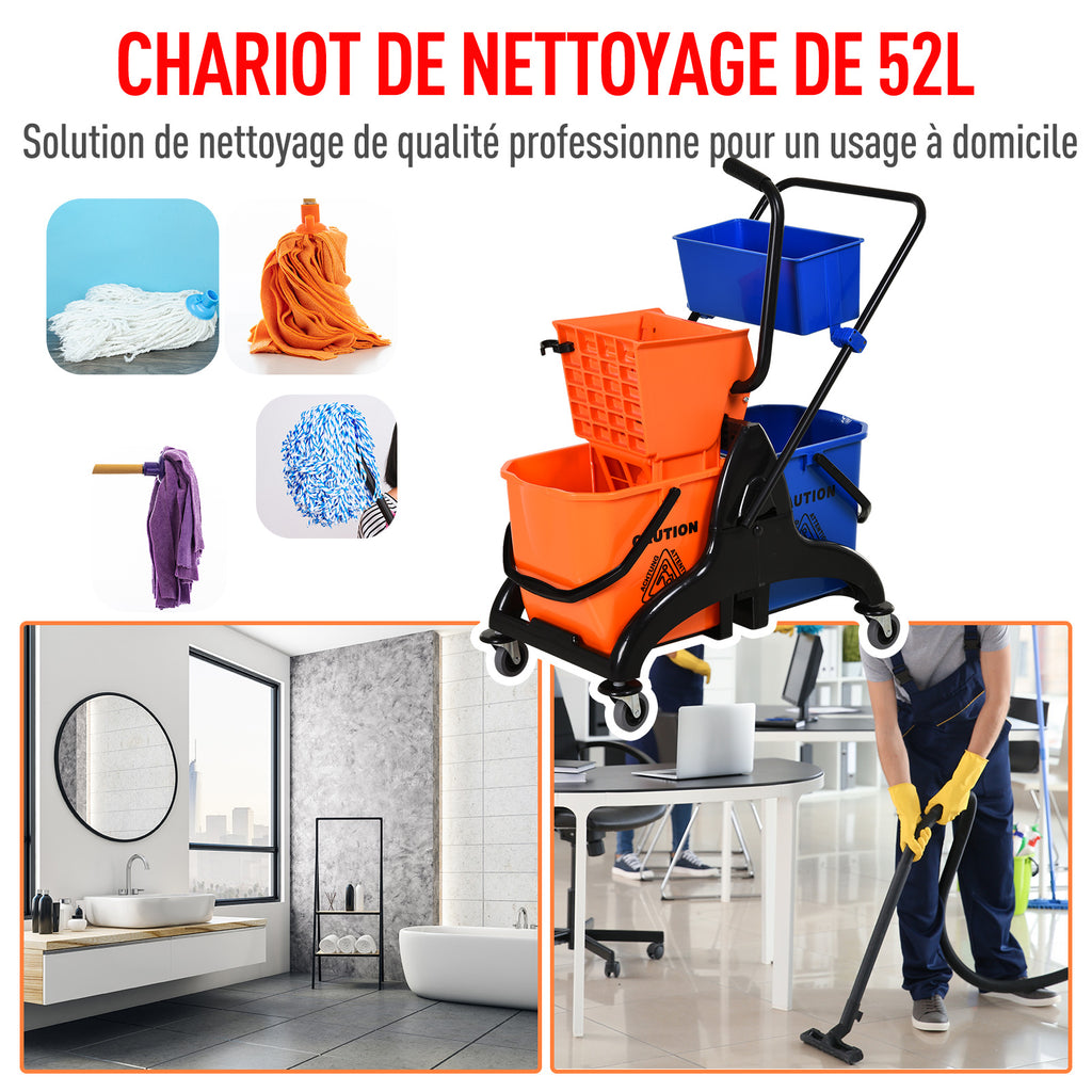 Chariot de ménage chariot de lavage professionnel essoreuse latérale seau 26 L + panier de rangements 78 x 45 x 95 cm métal et plastique orange-4