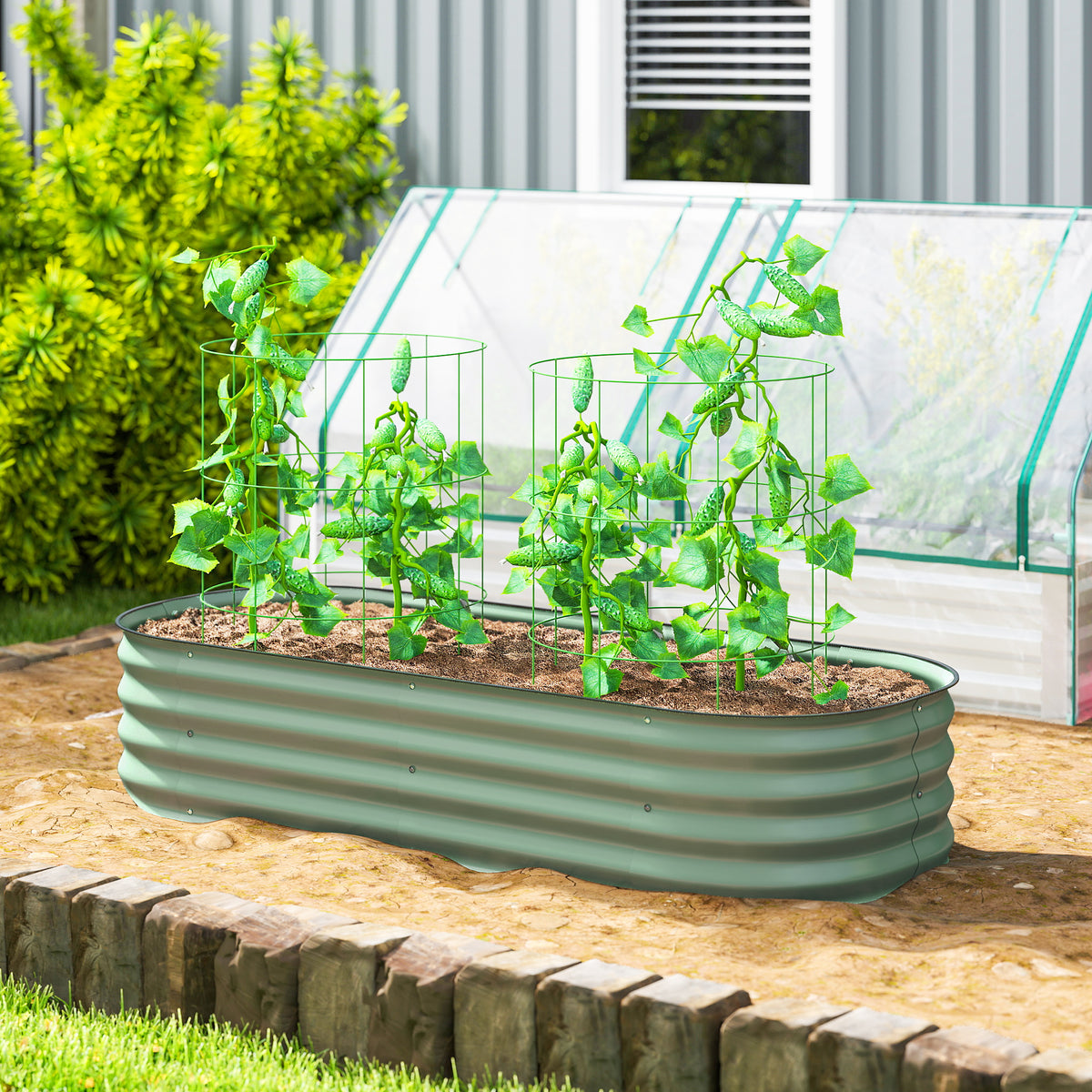 Jardinière surélevée carré potager de jardin en acier modulable légumes, plantes, fleurs, dim. 150 x 62 x 30 cm vert-1