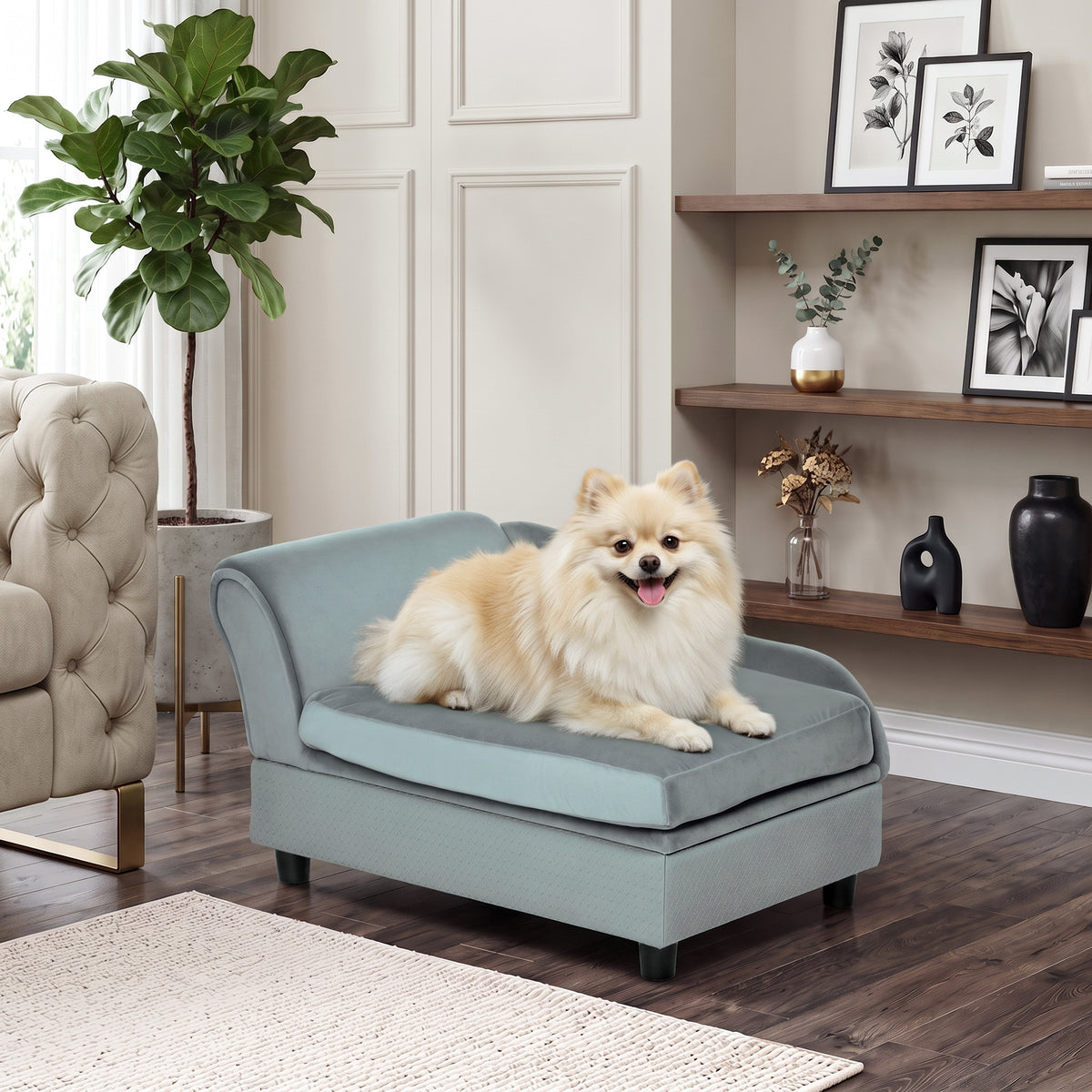 Canapé Chien Chat sur Pied avec Coffre de Rangement Style Moderne Coussin d'assise Amovible Grand Confort 76 x 45 x 43 cm gris clair-9