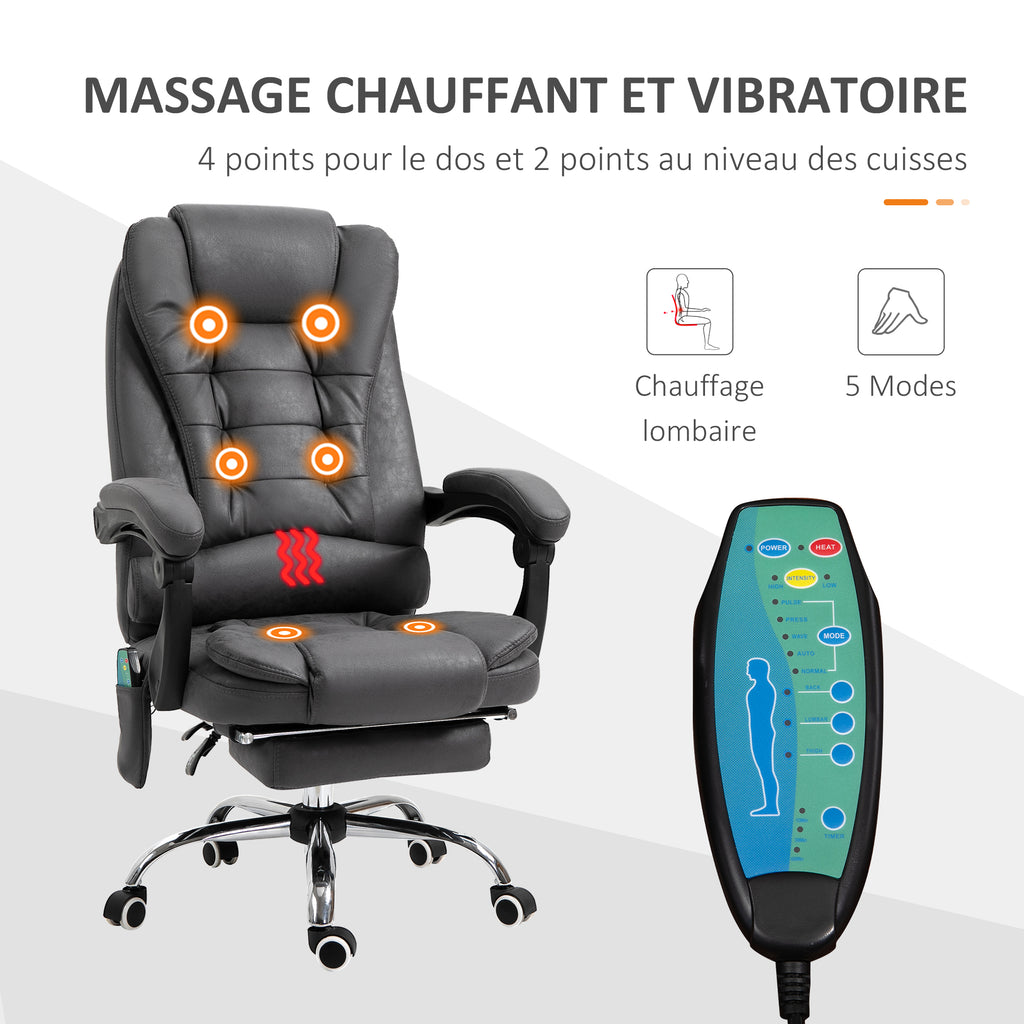 Fauteuil de bureau massant chauffant hauteur réglable dossier inclinable repose-pied + coussin lombaires intégrés-3