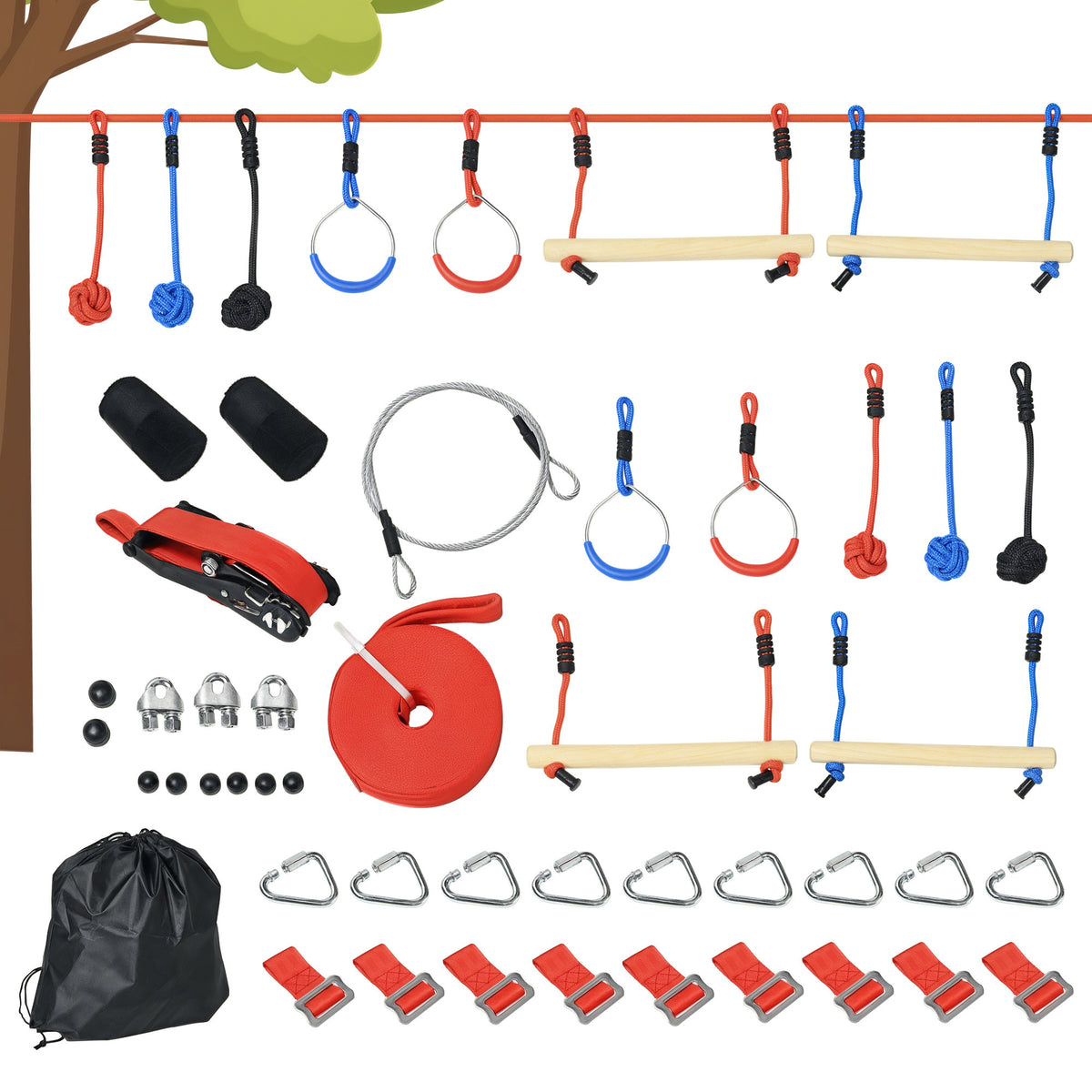 Parcours d'obstacles ninja pour enfants 30 accessoires et sac de transport 10 m de slackline bleu noir rouge-0