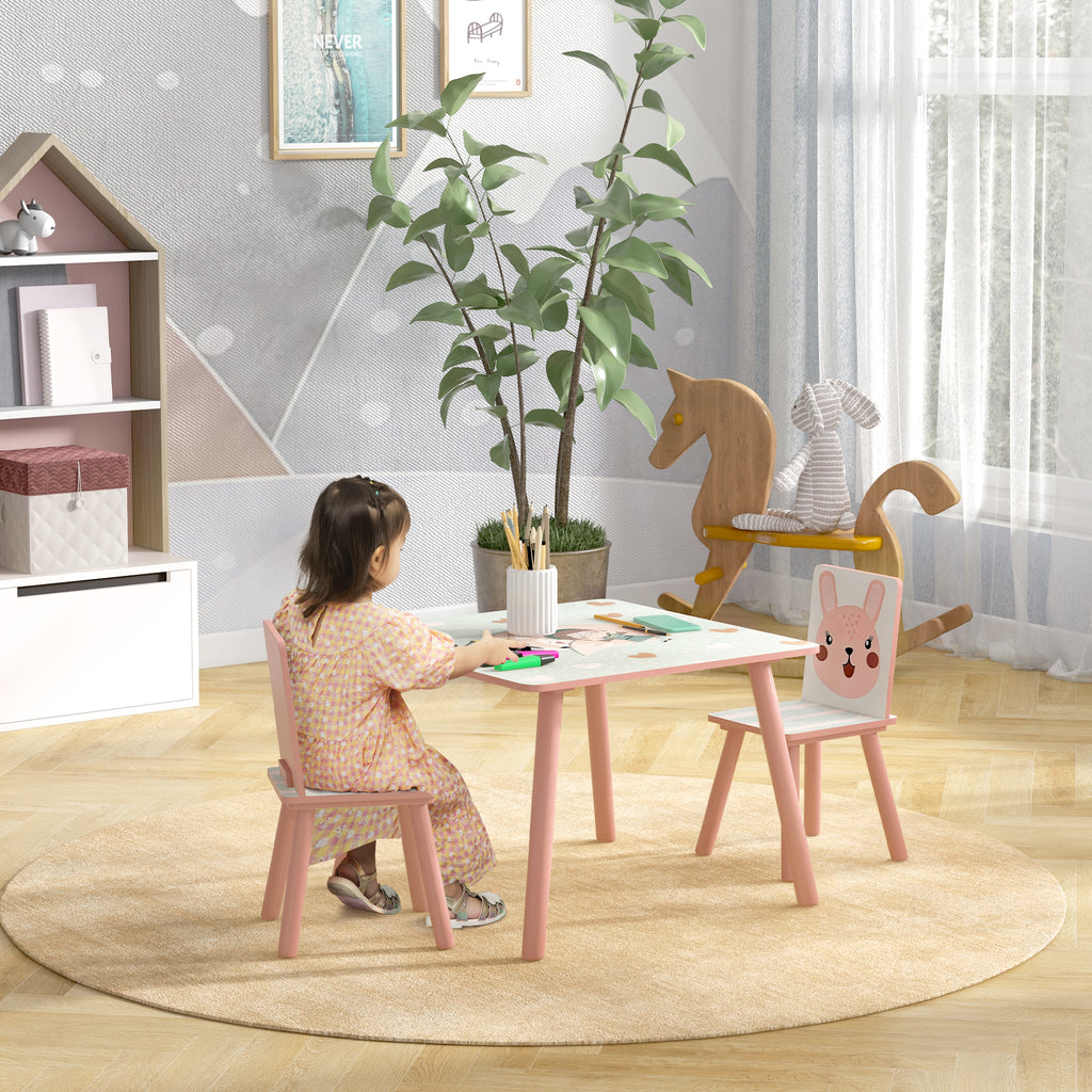 Ensemble table et chaises pour enfants, table pour enfant avec 2 chaises, motif animaux pour chambre à coucher rose-1