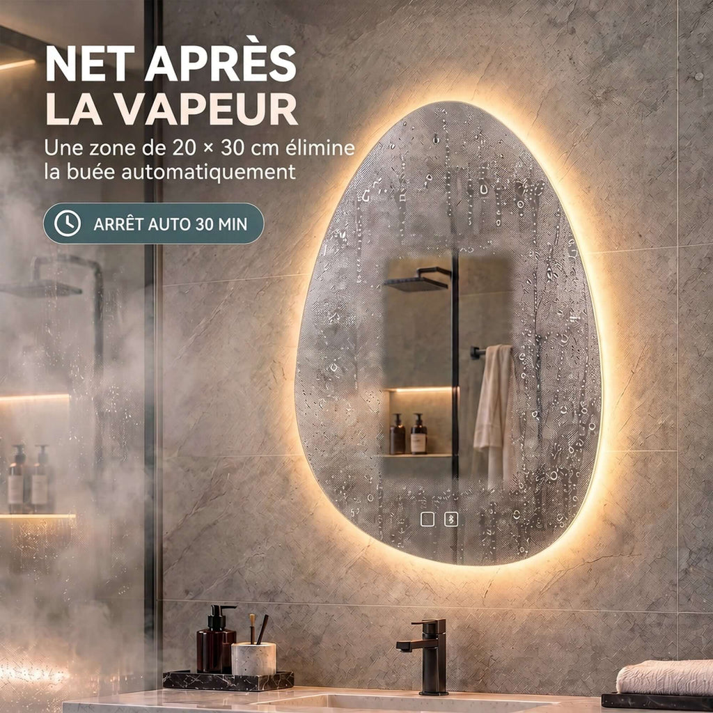 Miroir Salle de Bain Bluetooth avec Éclairage LED 50x70cm, Forme Galet, Dimmable 3 Couleurs, Anti-Buée, Mémoire, Argenté-5