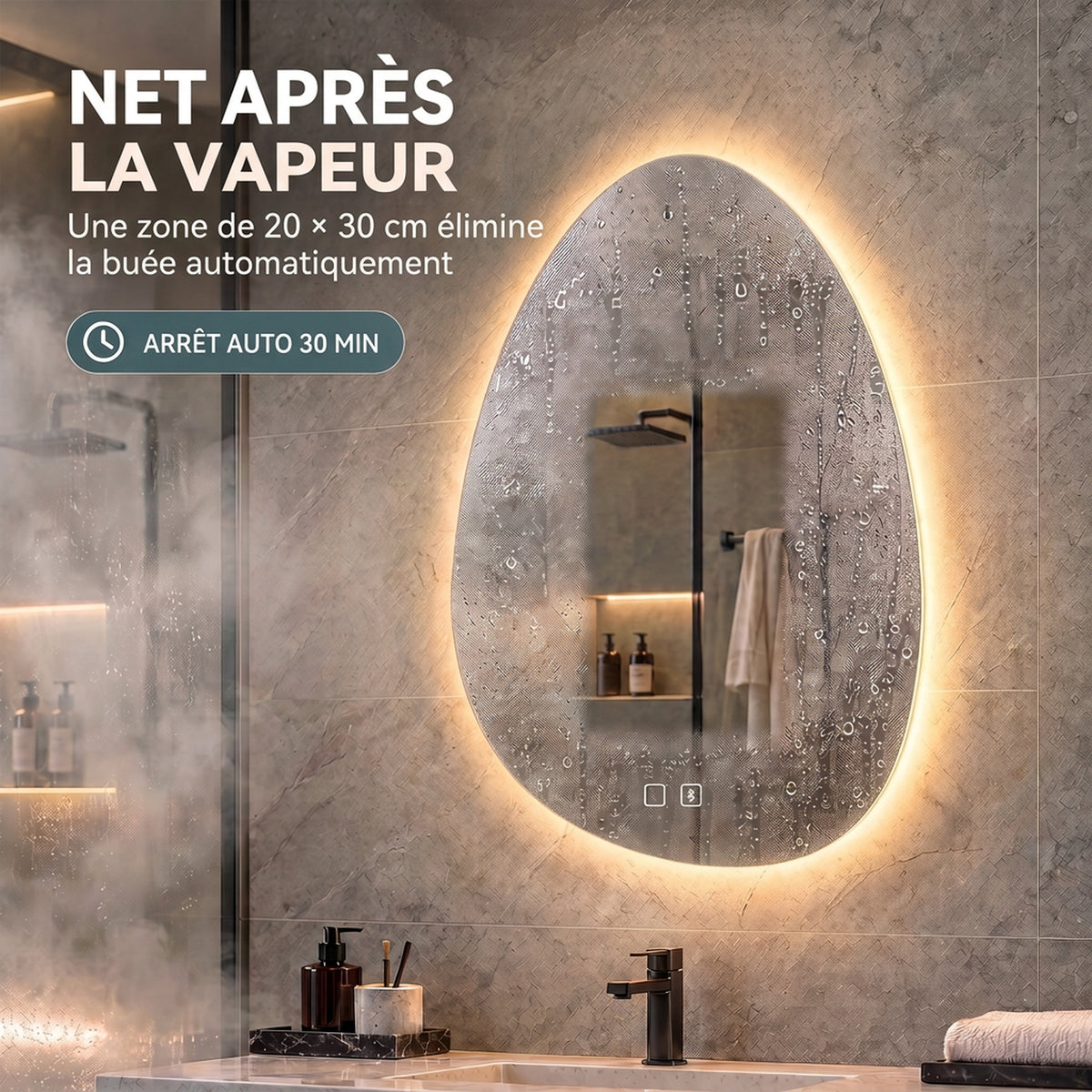 Miroir Salle de Bain Bluetooth avec Éclairage LED 50x70cm, Forme Galet, Dimmable 3 Couleurs, Anti-Buée, Mémoire, Argenté-5