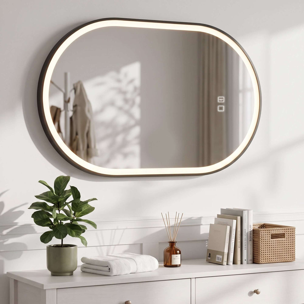 Miroir Salle de Bain Bluetooth avec Éclairage LED 100x70cm Dimmable 3 Couleurs, Interrupteur Tactile, Anti-Buée, Noir-9
