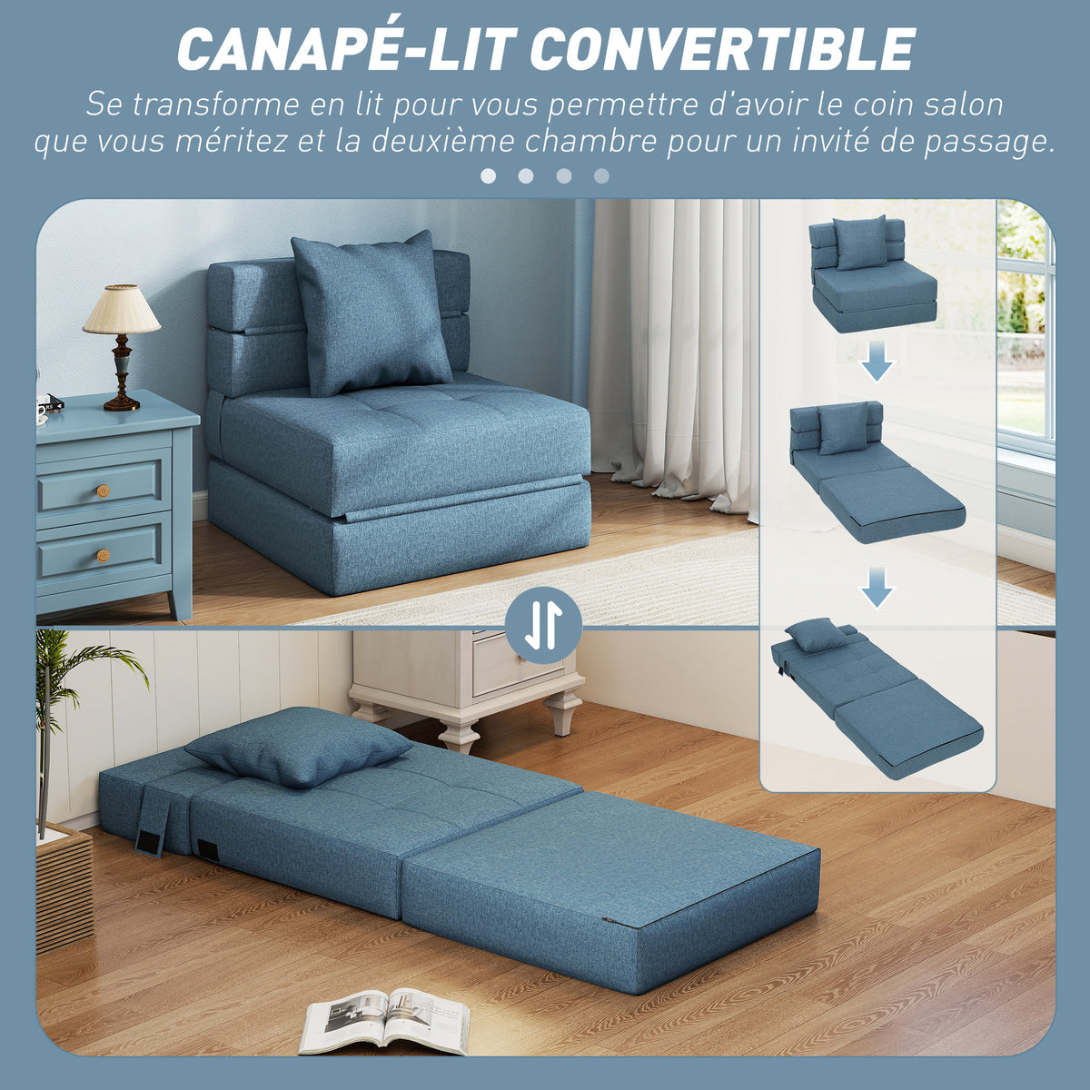 Chauffeuse canapé-lit convertible fauteuil 1 place avec 1 coussin déhoussable, tissu bleu foncé-3