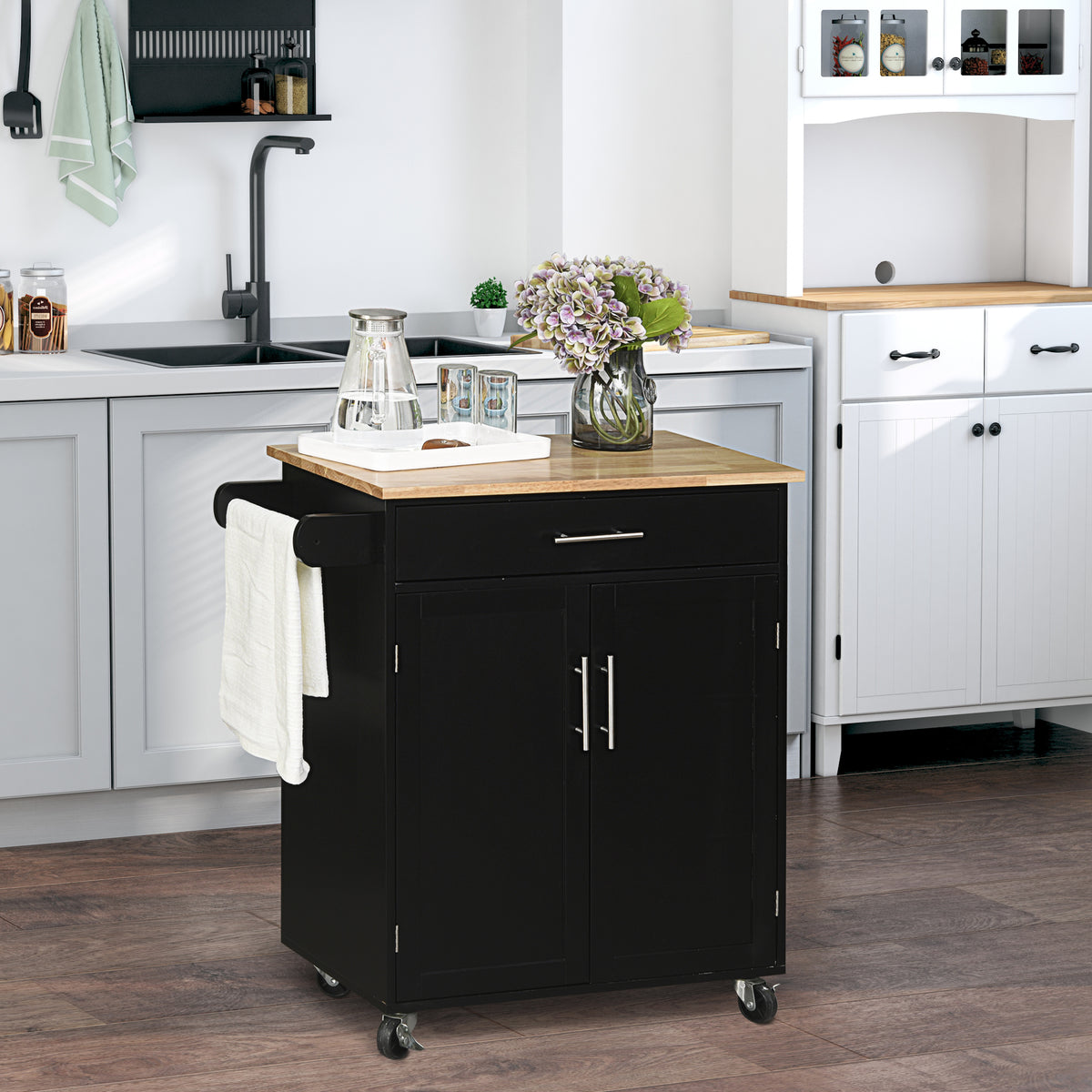 Desserte de cuisine sur roulettes chariot de service Ilot de cuisine avec tiroir de placard et porte-torchons - 83l x 45P x 91,5H cm noir-1
